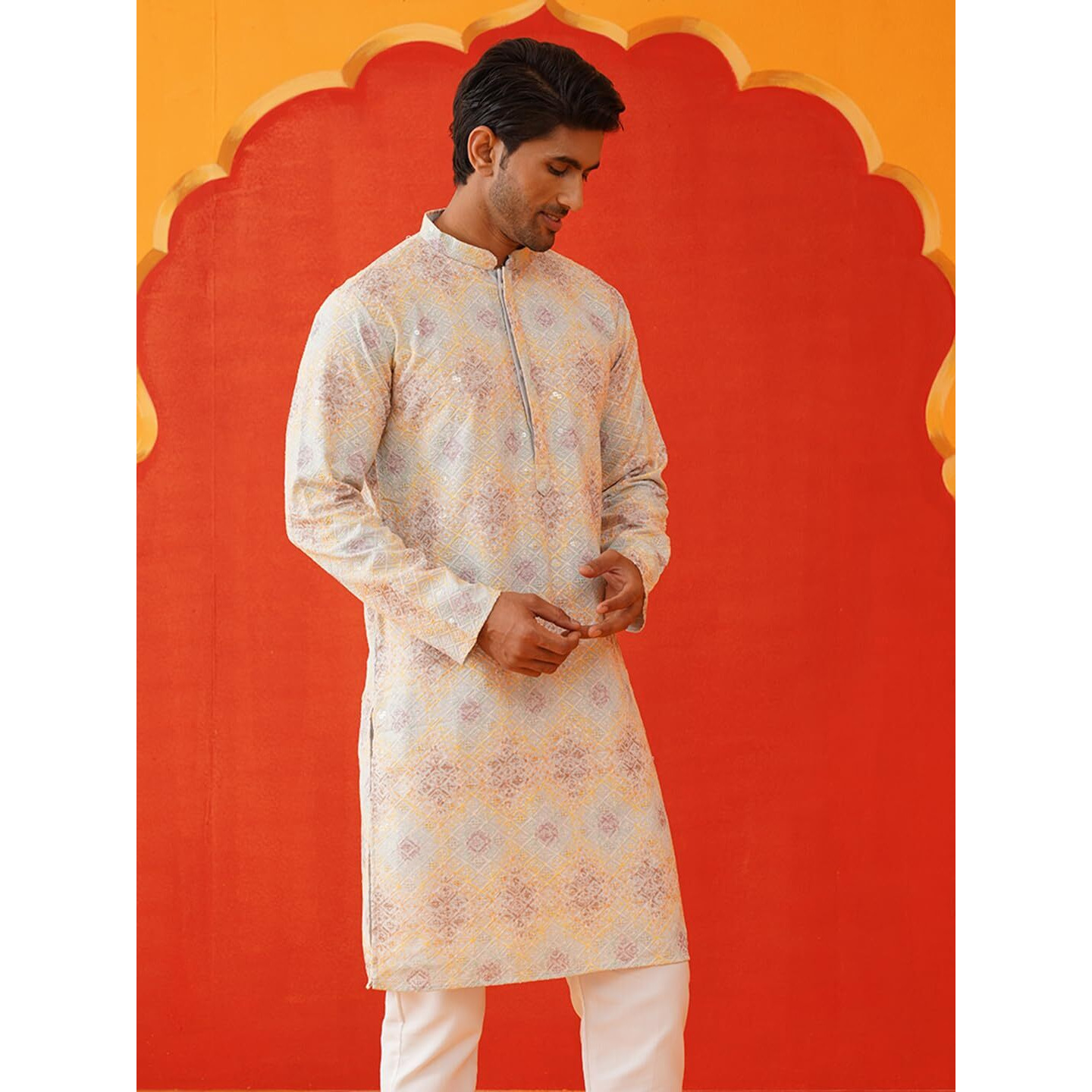 Jompers Grey Embroidered Staight Kurtas For Men (Grey, L)