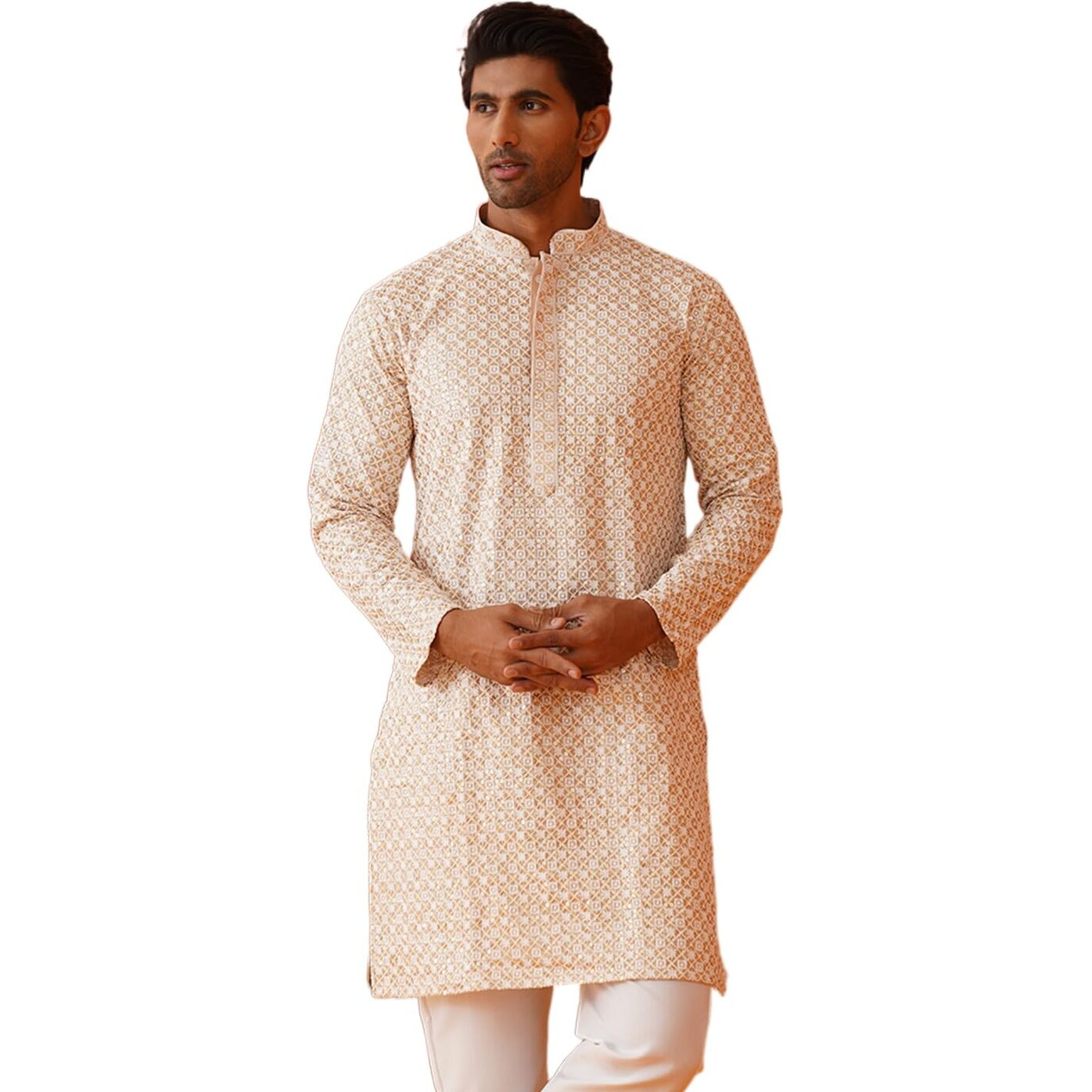 Jompers Beige Sequins & Embroidered Kurta Pyjama Set For Men (Beige, M)