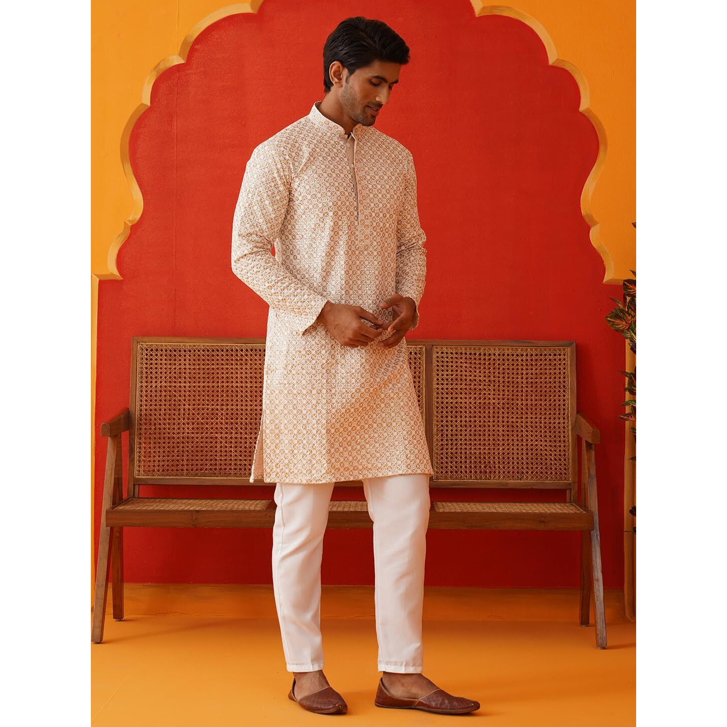 Jompers Beige Sequins & Embroidered Kurta Pyjama Set For Men (Beige, M)