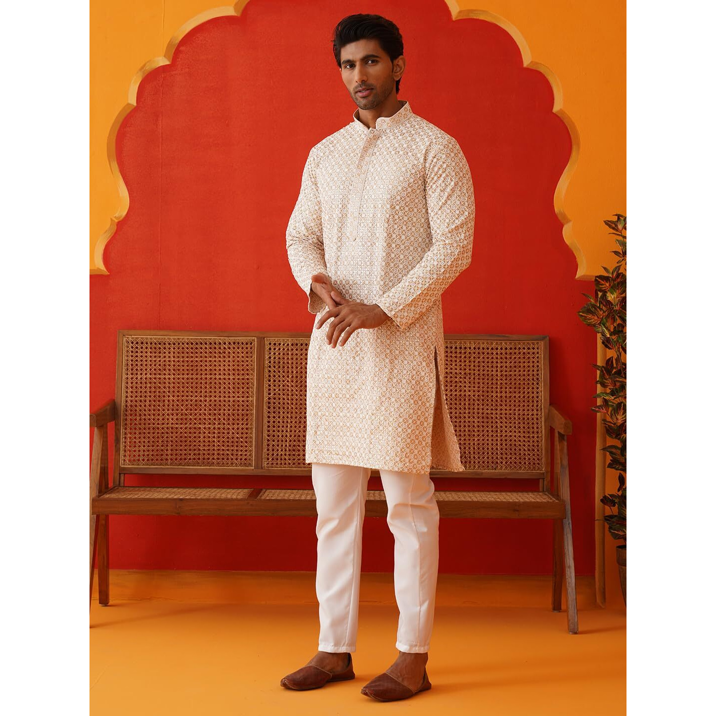 Jompers Beige Sequins & Embroidered Kurta Pyjama Set For Men (Beige, M)