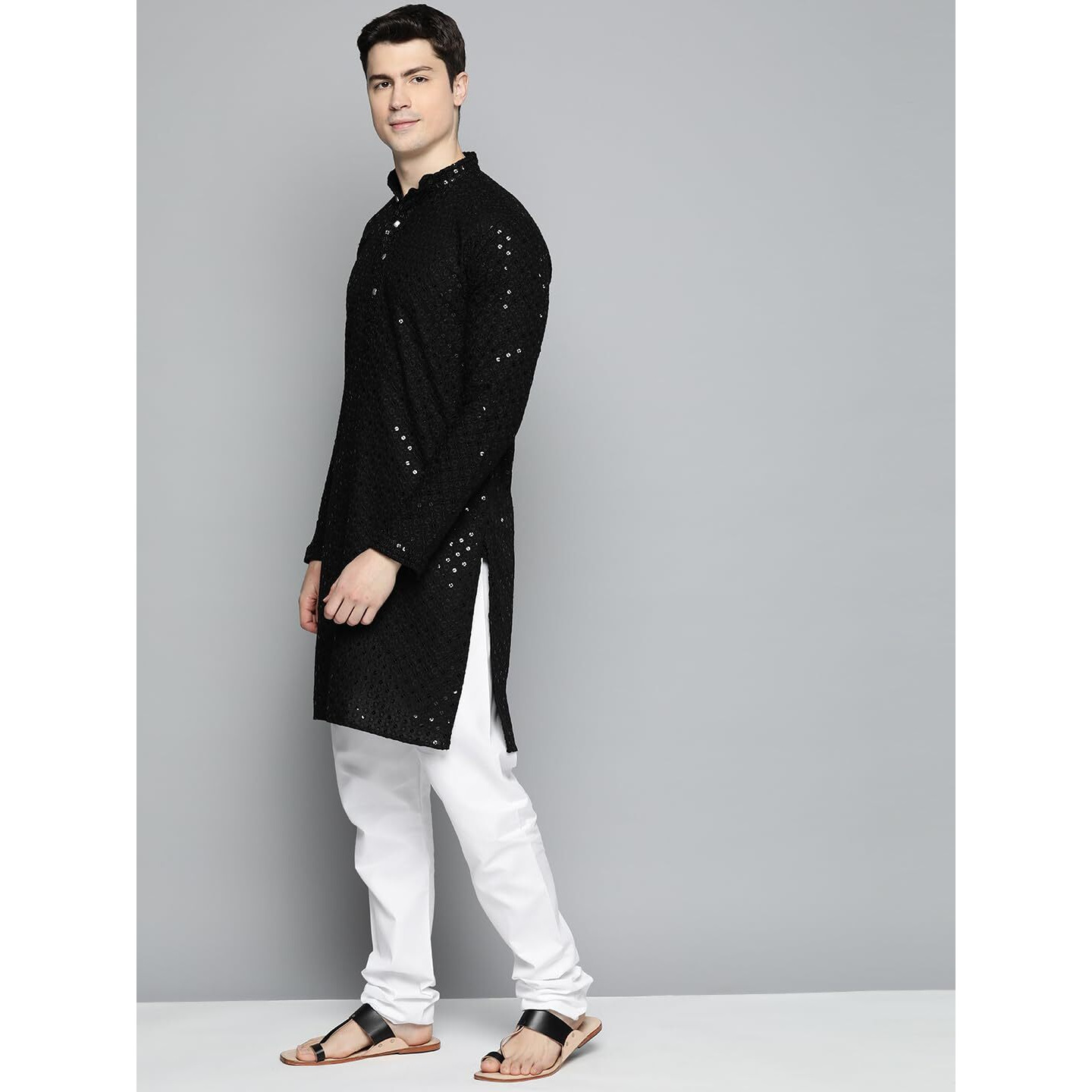 Jompers Black Chikankari Embroidered And Sequence Kurta Churidar Set For Men. (Black, Xxl)