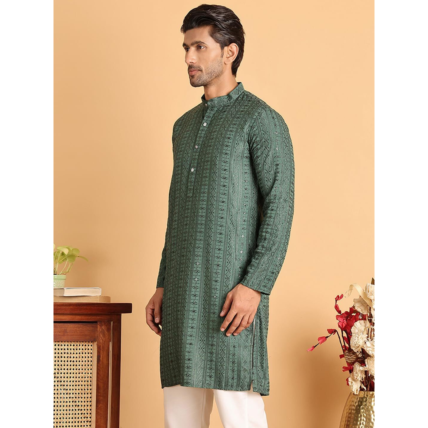 Jompers Green Embroidered Straight Kurta Only For Men (Green, Xl)