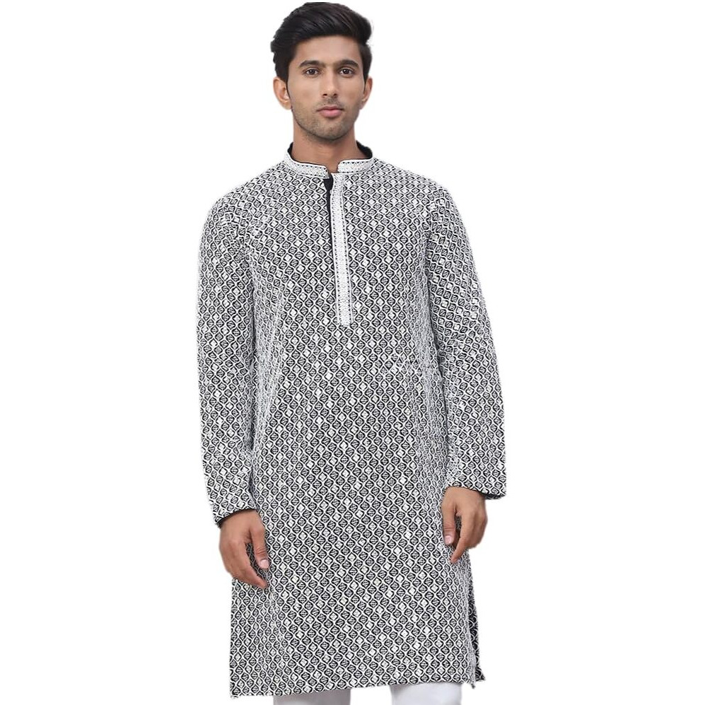 Jompers Black Men's Chikankari Embroidered And Sequence Kurtas (Black, L)