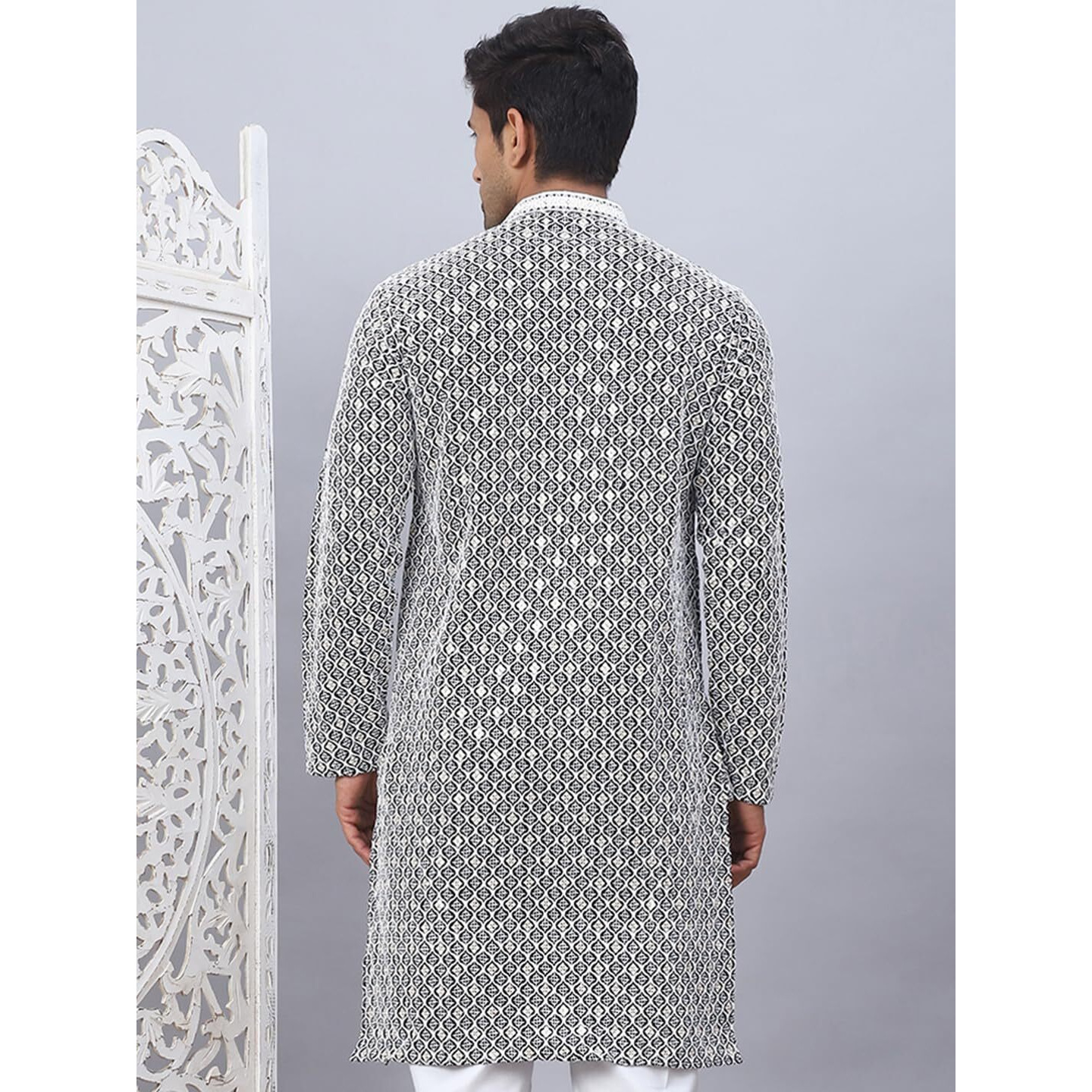 Jompers Black Men's Chikankari Embroidered And Sequence Kurtas (Black, L)