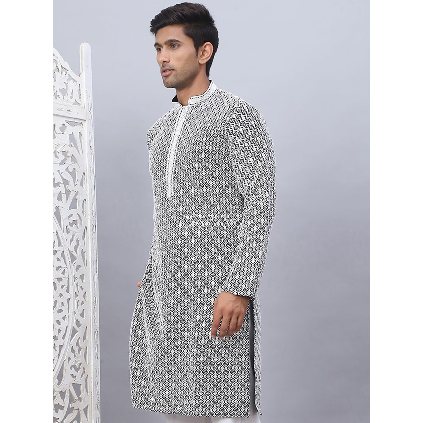 Jompers Black Men's Chikankari Embroidered And Sequence Kurtas (Black, L)