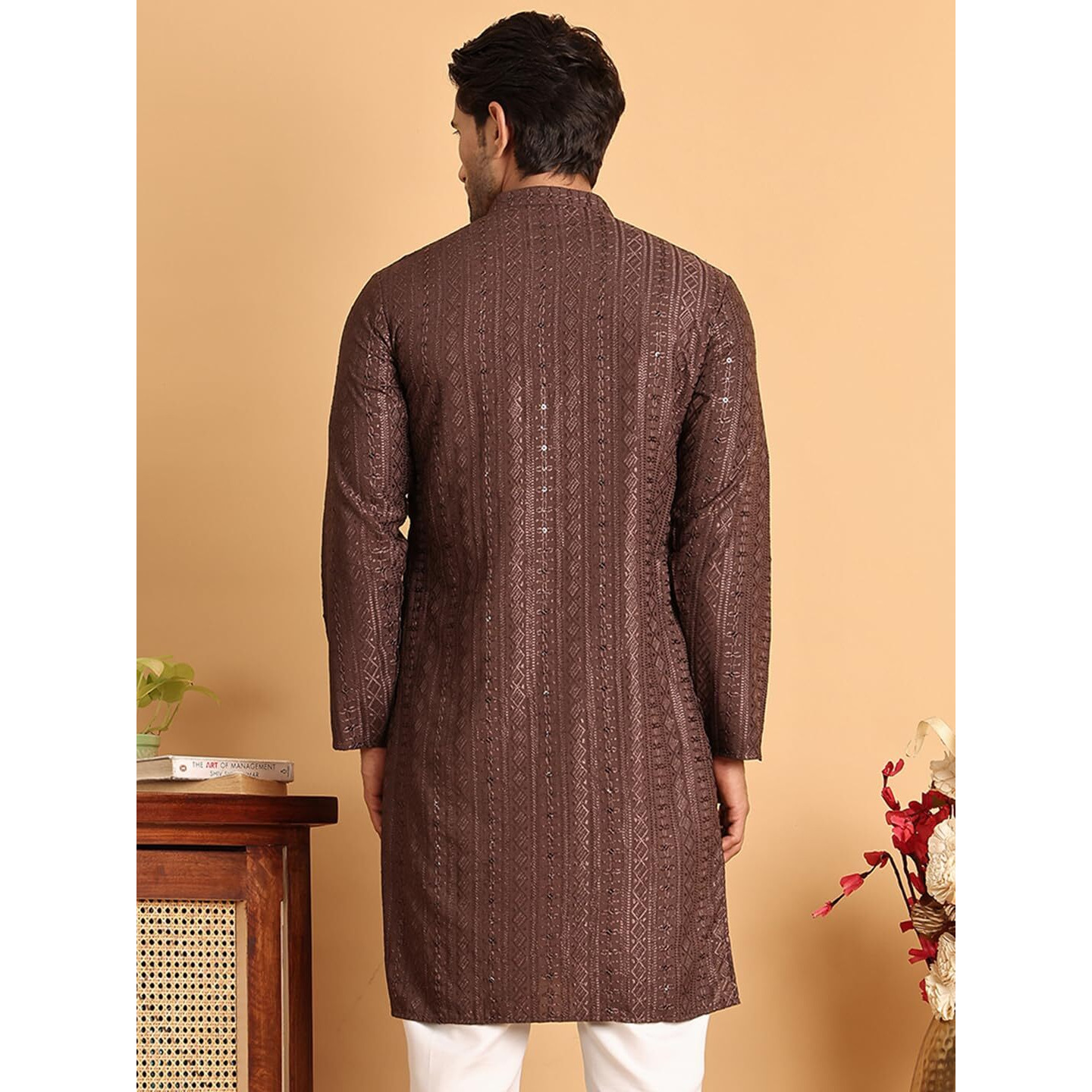 Jompers Coffee Embroidered Straight Kurta Only For Men (Coffee, Xxl)