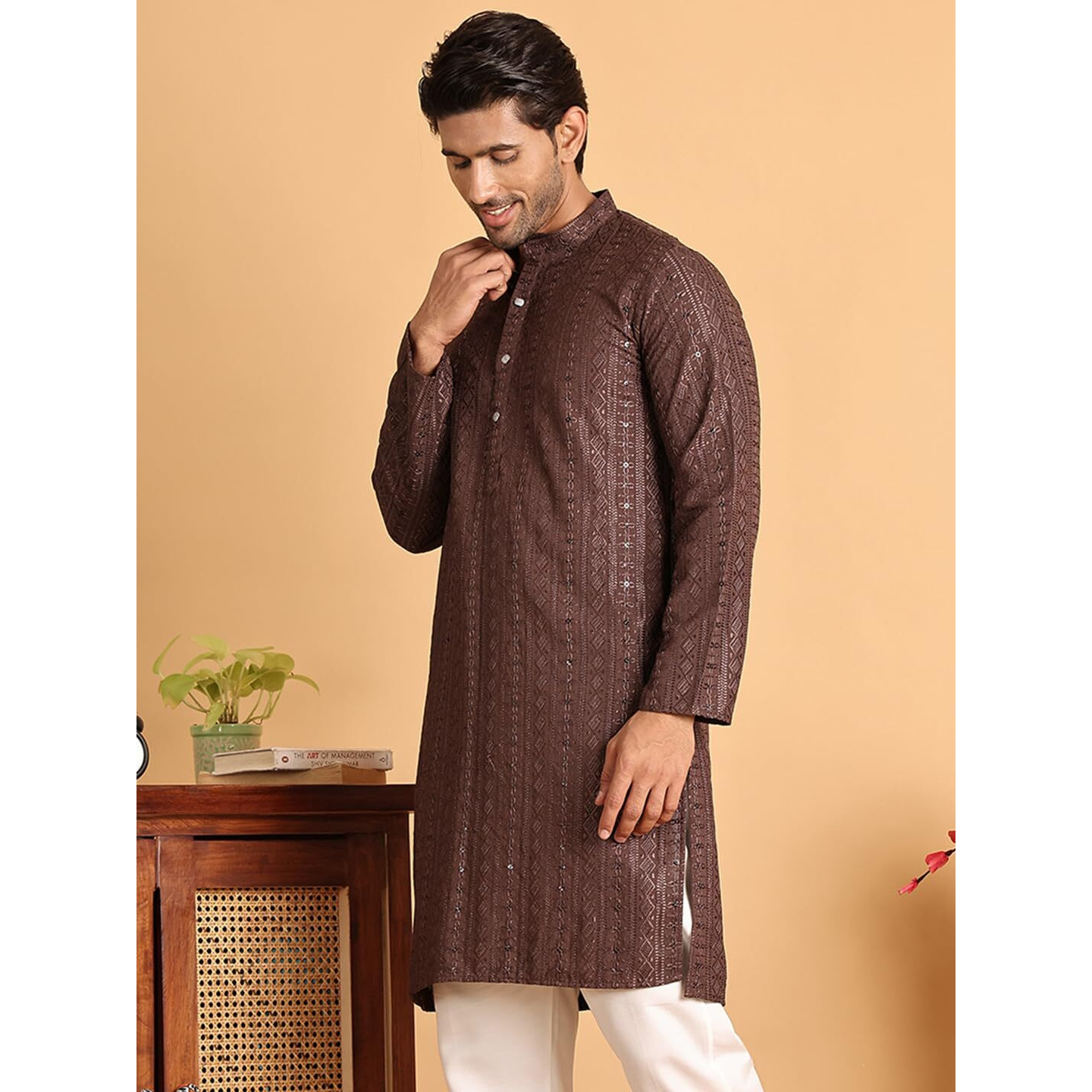 Jompers Coffee Embroidered Straight Kurta Only For Men (Coffee, Xxl)