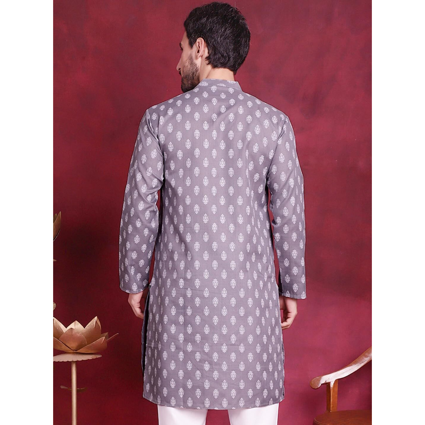 Jompers Dark-Grey Floral Printed Kurtas For Men (Dark-Grey, L)