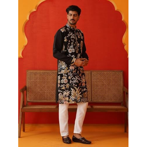 Jompers Black Floral Embroidered And Sequins Kurta Set (Black, S)