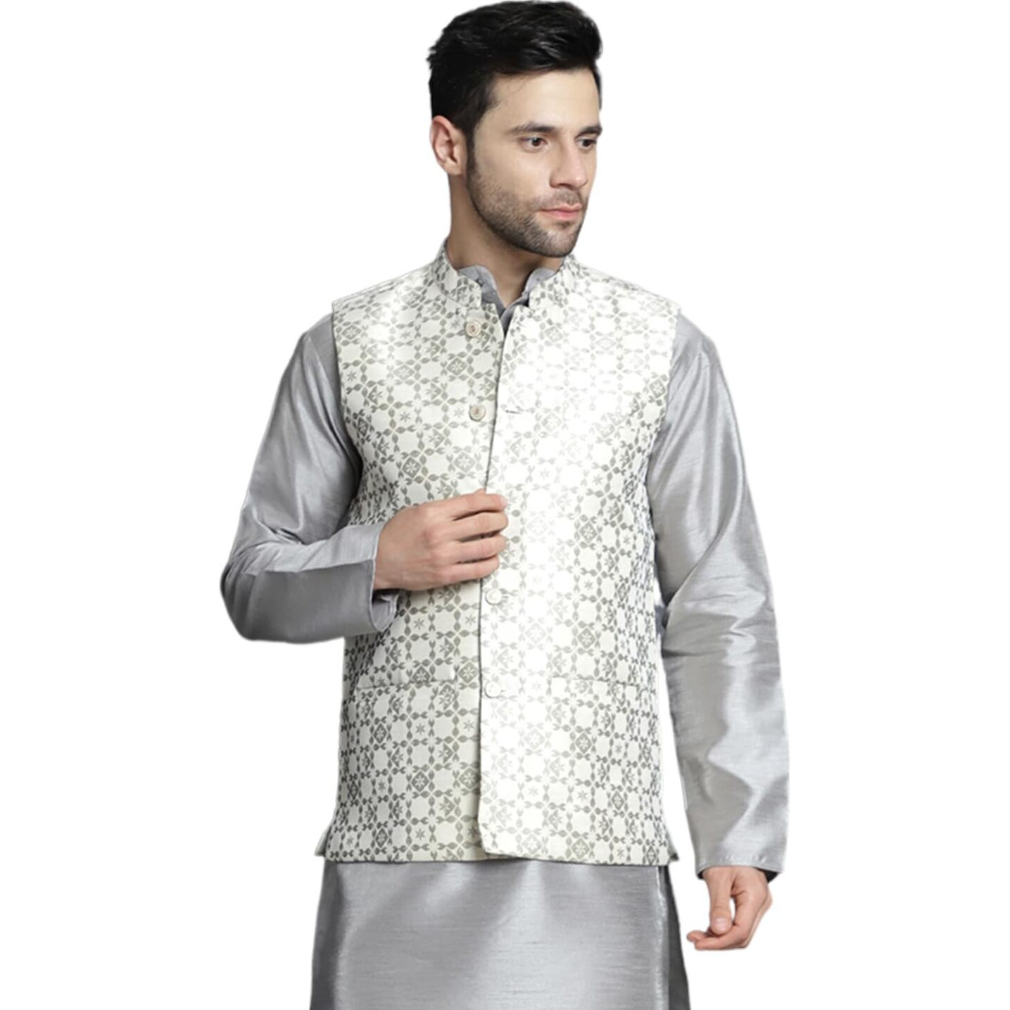 Jompers Cream Men's Woven Design Nehru Jacket (Cream, L)