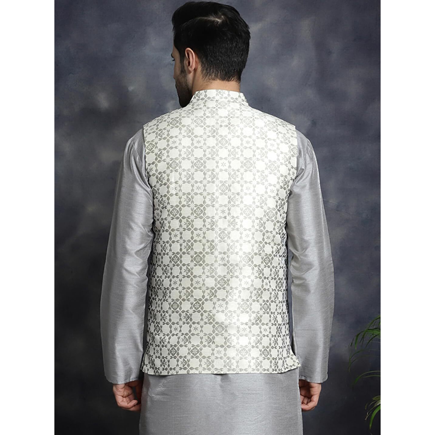 Jompers Cream Men's Woven Design Nehru Jacket (Cream, L)