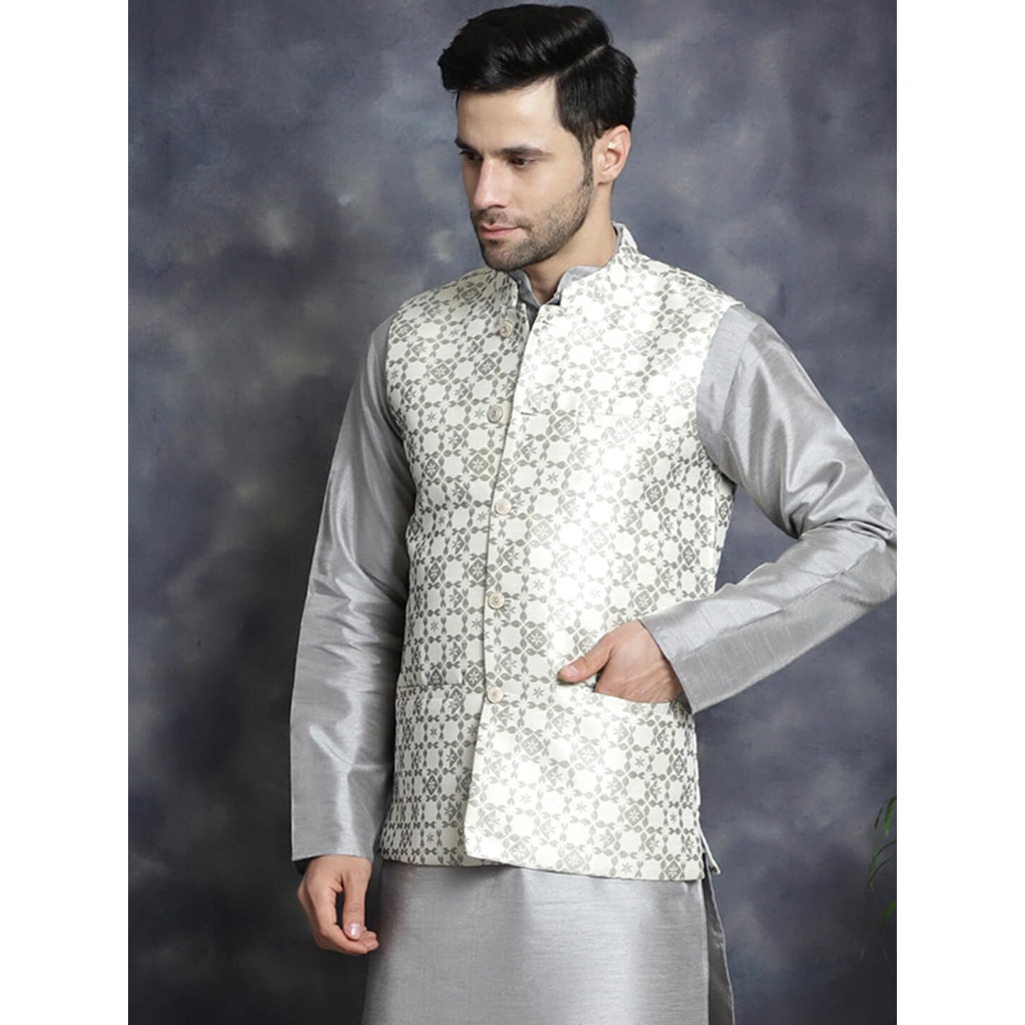 Jompers Cream Men's Woven Design Nehru Jacket (Cream, L)