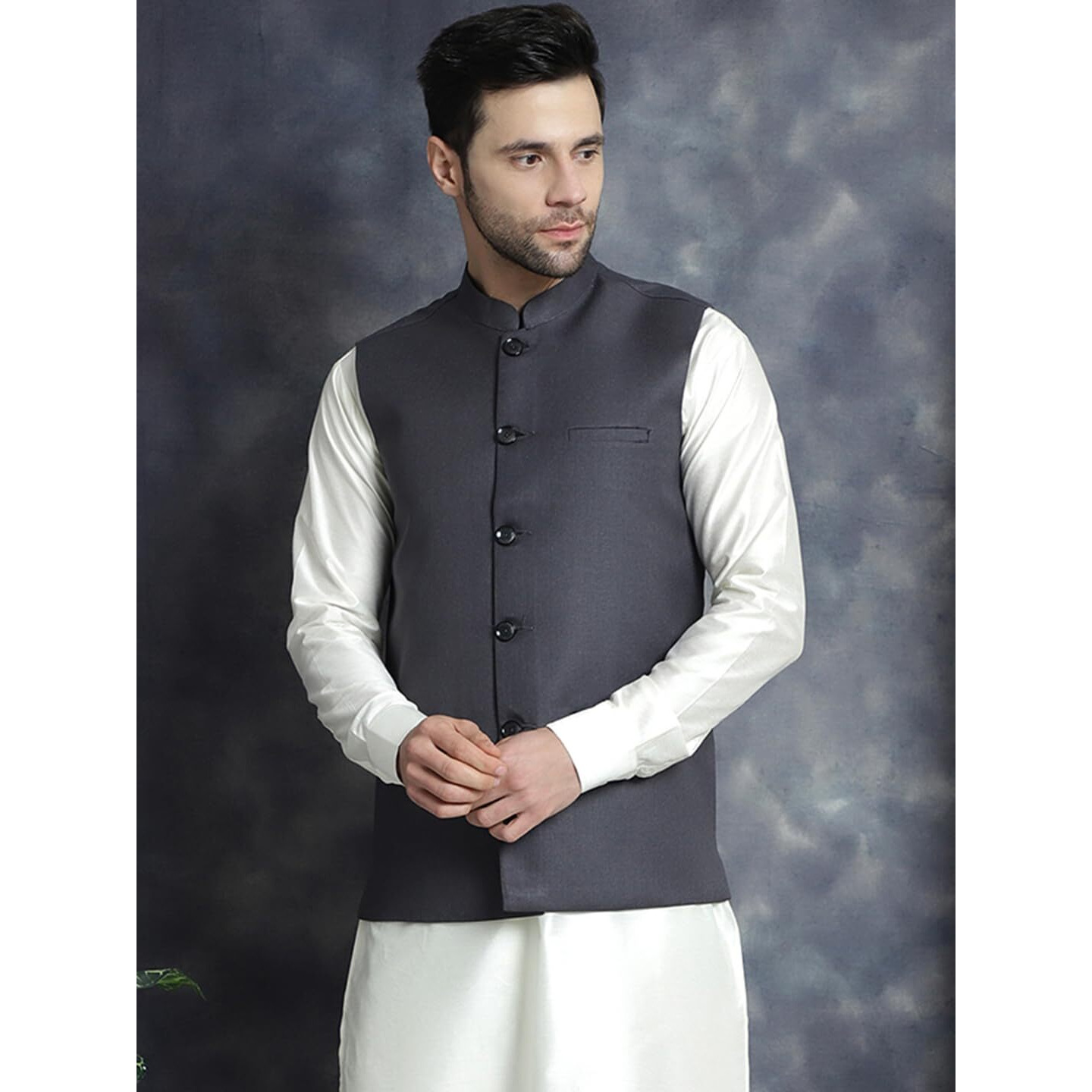 Jompers Charcoal Men Solid Nehru Jacket (Charcoal, M)