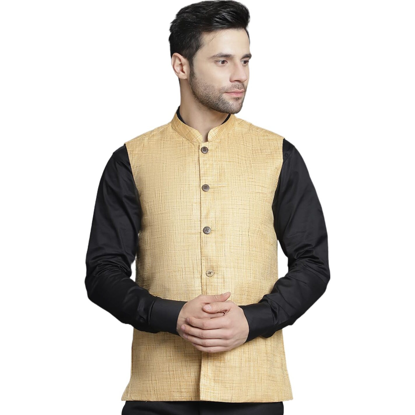 Jompers Beige Men's Woven Design Nehru Jacket (Beige, L)