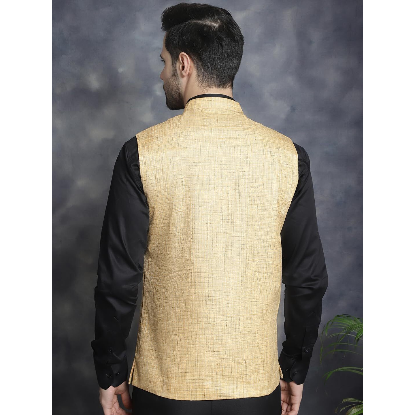 Jompers Beige Men's Woven Design Nehru Jacket (Beige, L)