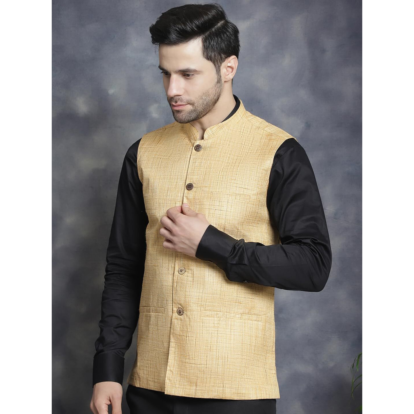 Jompers Beige Men's Woven Design Nehru Jacket (Beige, L)