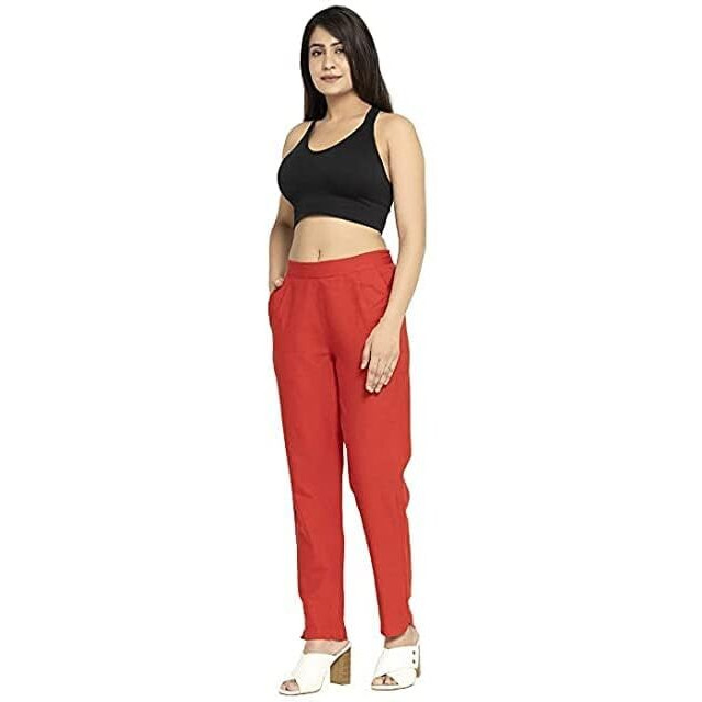 Digital Shopee Cotton Flex Ankle Length Trouser Pants For Women | Coral |L