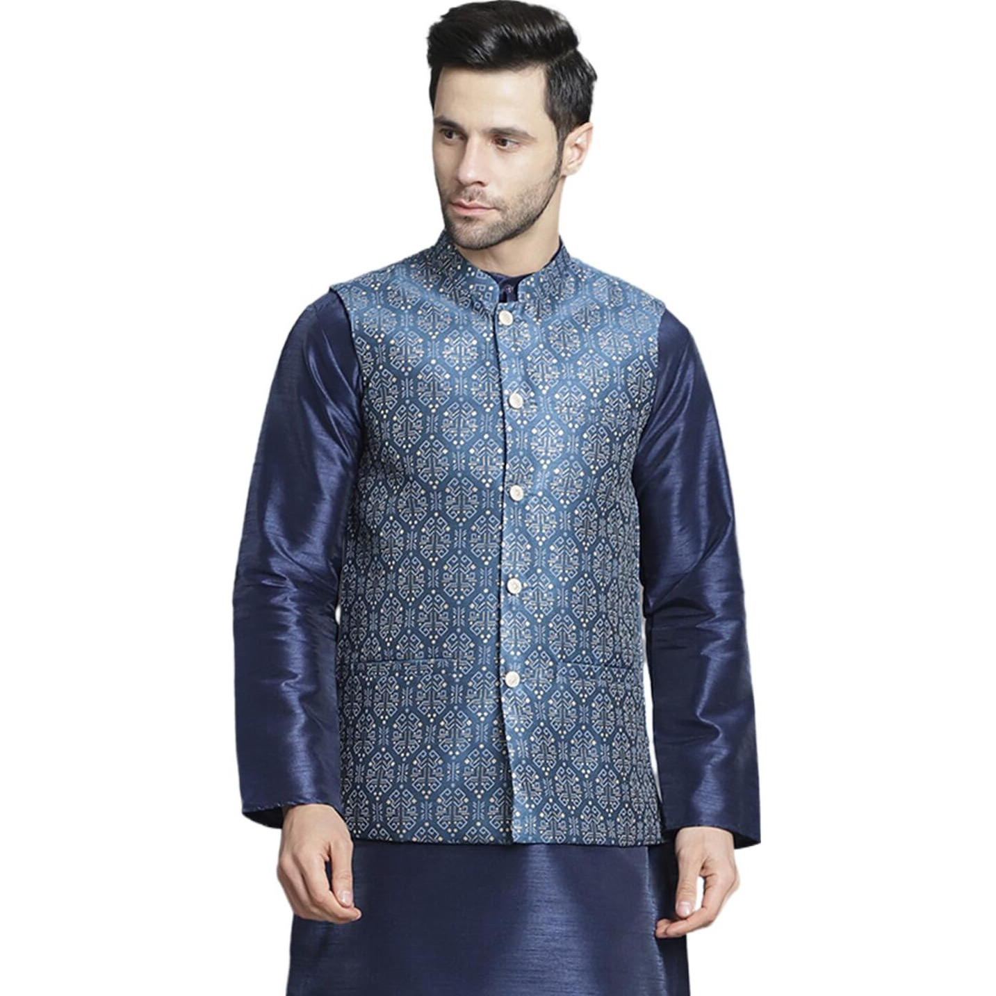 Jompers Blue Men's Printed Nehru Jacket (Blue, Xl)