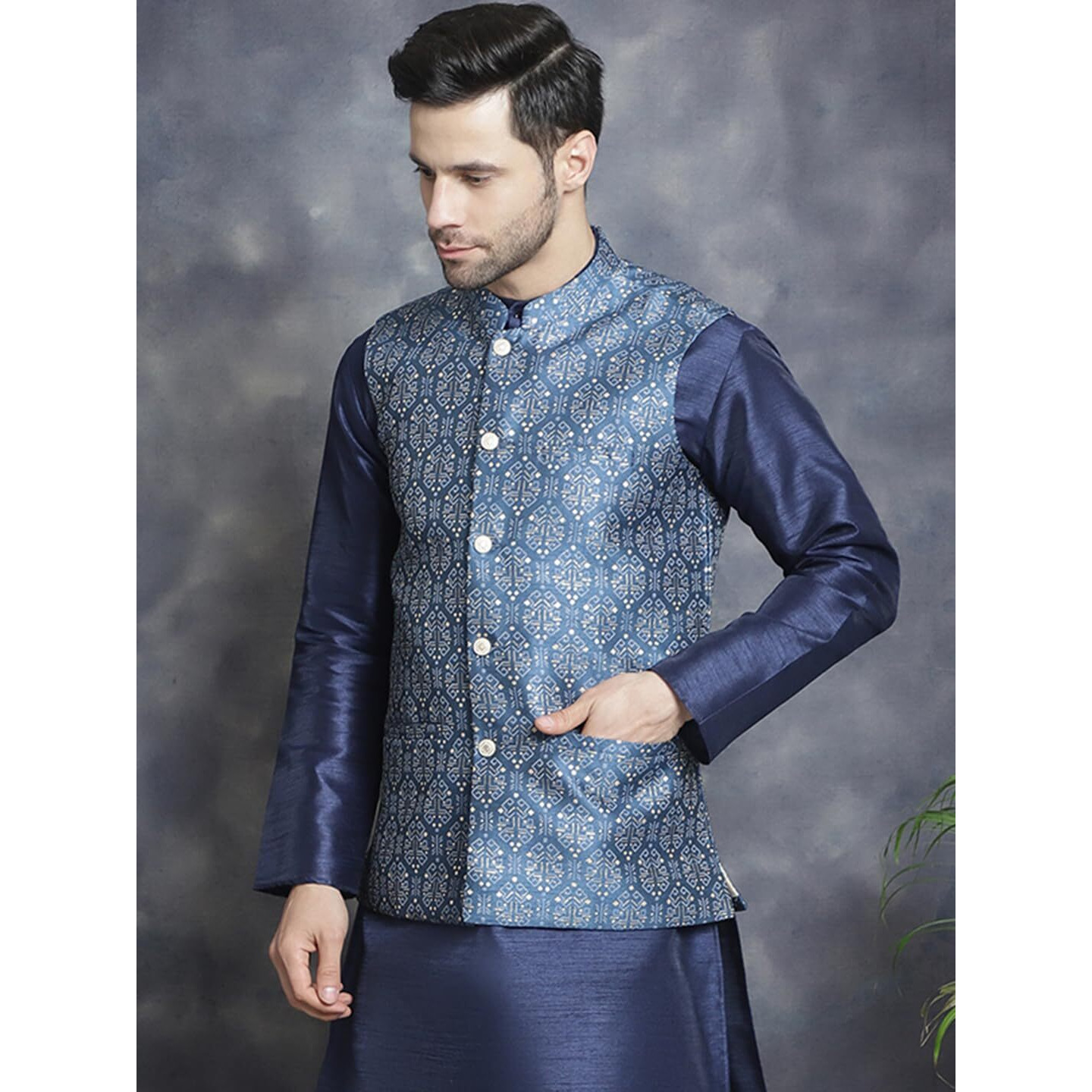 Jompers Blue Men's Printed Nehru Jacket (Blue, Xl)