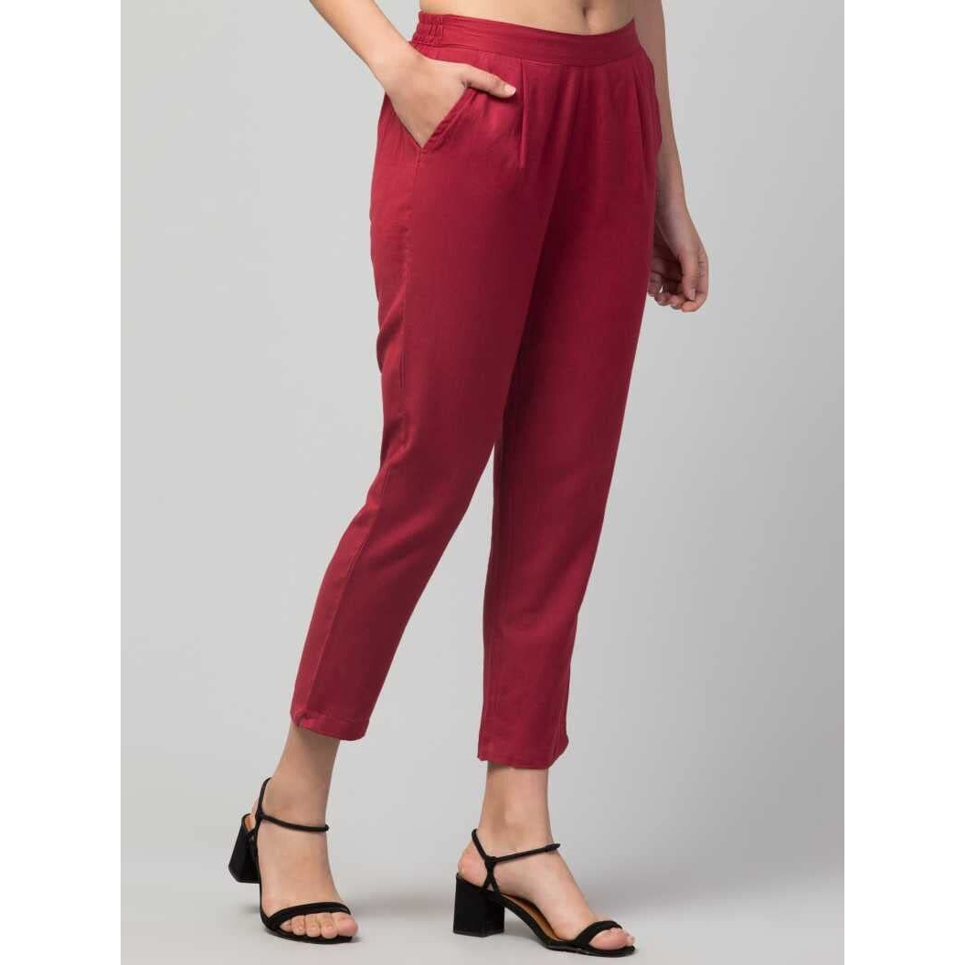 Digital Shopee Cotton Flex Ankle Length Trouser Pants For Women (Maroon_2Xl)