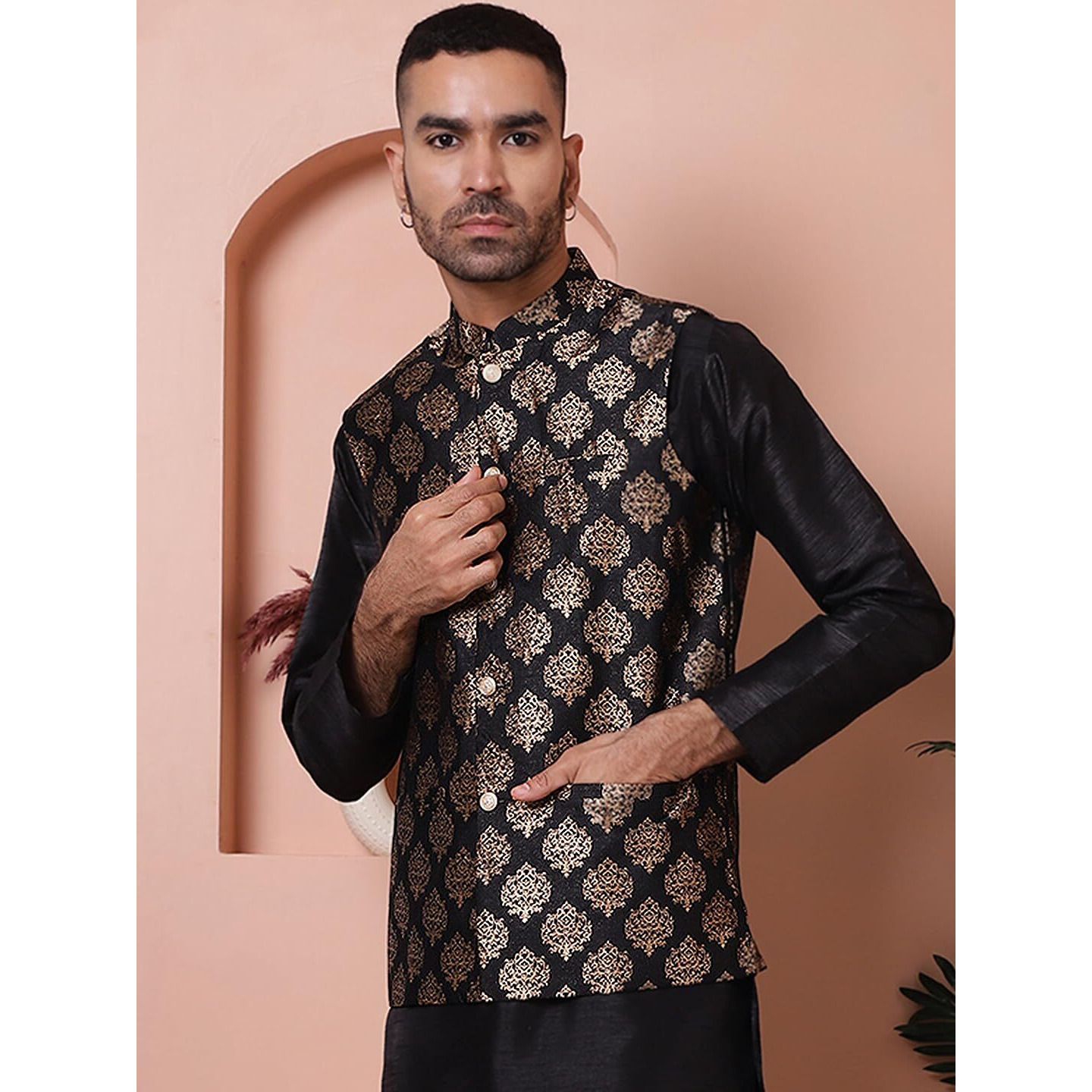 Jompers Black Floral Printed Nehru Jacket For Men (Black, M)