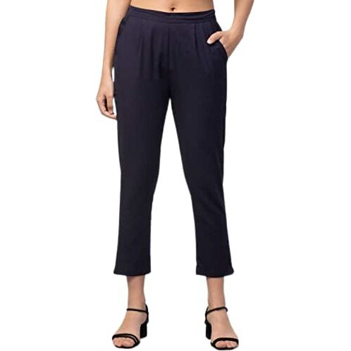 Digital Shopee Cotton Flex Ankle Length Regular Fit Trouser Pants For Women (Navy Blue_L), Large