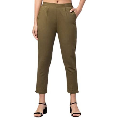 Digital Shopee Cotton Flex Ankle Length Trouser Pants For Women (Olive_M)