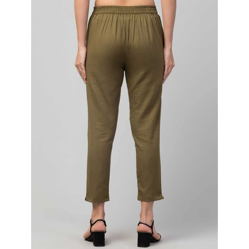Digital Shopee Cotton Flex Ankle Length Trouser Pants For Women (Olive_M)