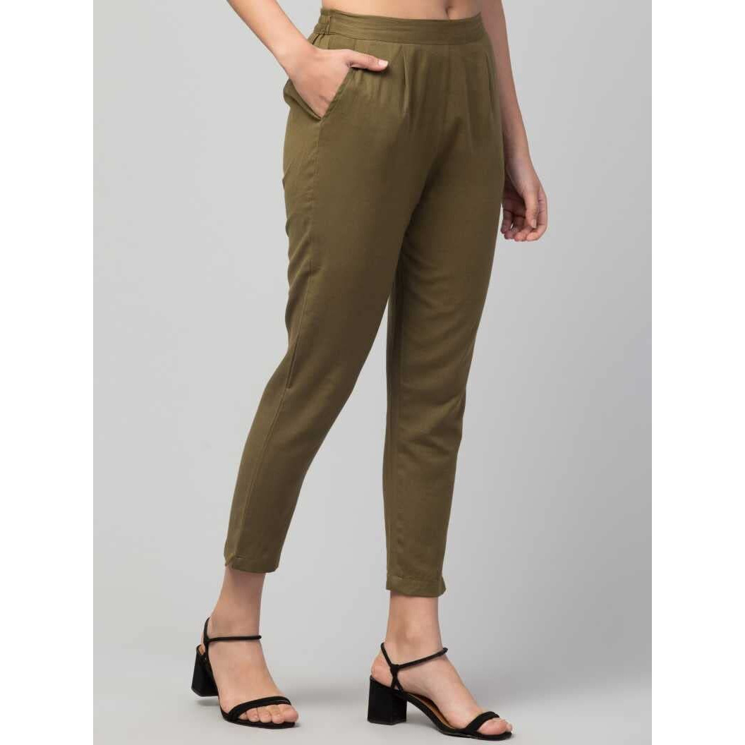 Digital Shopee Cotton Flex Ankle Length Trouser Pants For Women (Olive_M)