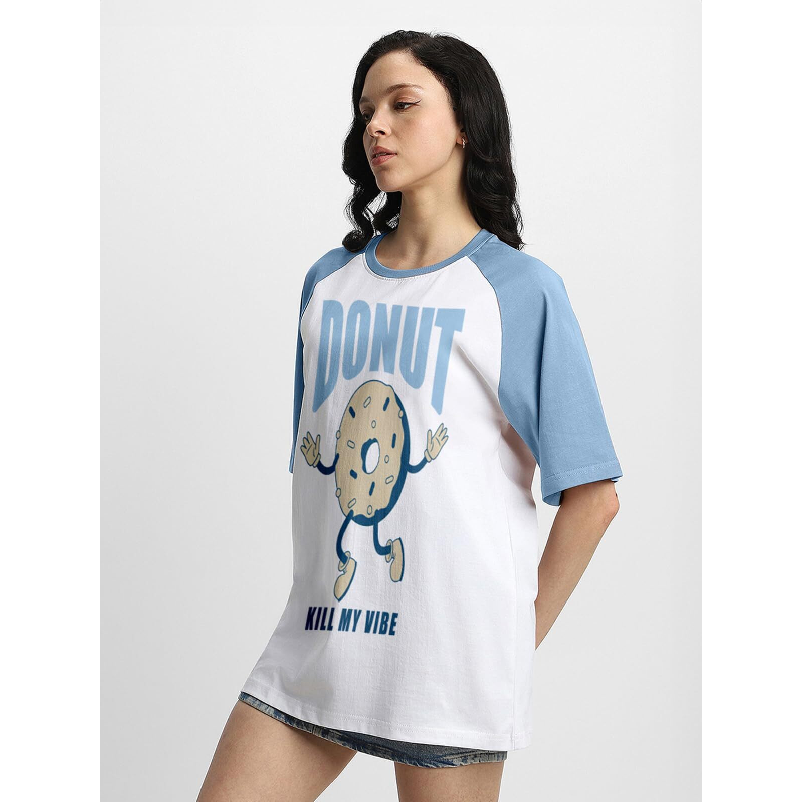 Juneberry 100% Pure Cotton Oversized Baggy Fit Round Neck T-Shirt For Women & Girls (Sizes S To 2Xl) (Os_Jb_Donutkmv04_Dc_Wt_S)