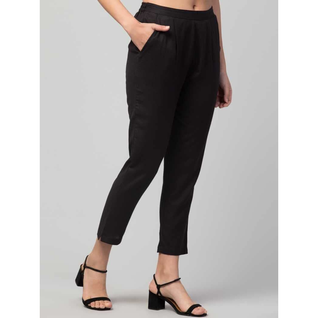 Digital Shopee Cotton Flex Ankle Length Trouser Pants For Women | Black -3Xl
