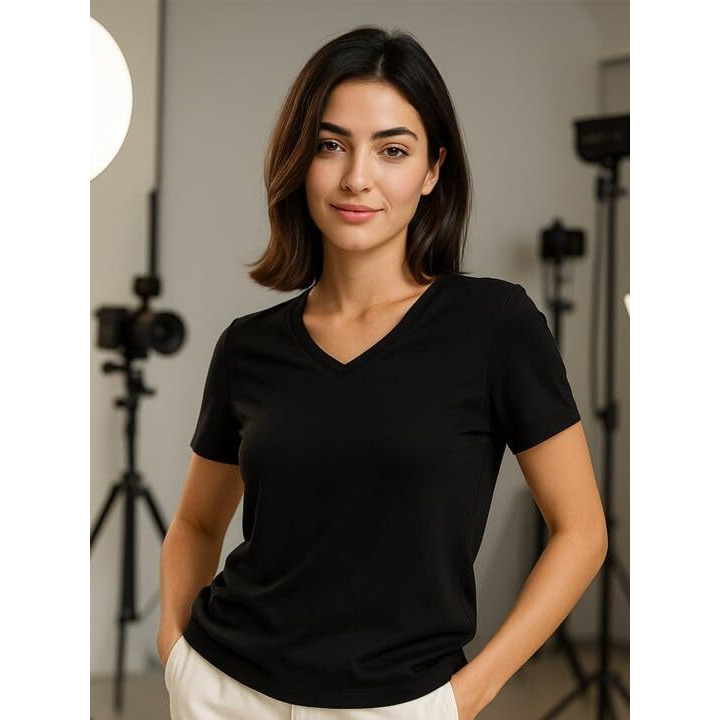 Juneberry Cotton Lycra Regular Fit V- Neck Half Sleeves T-Shirt For Women & Girls (Vdjwtw051007_L) Black