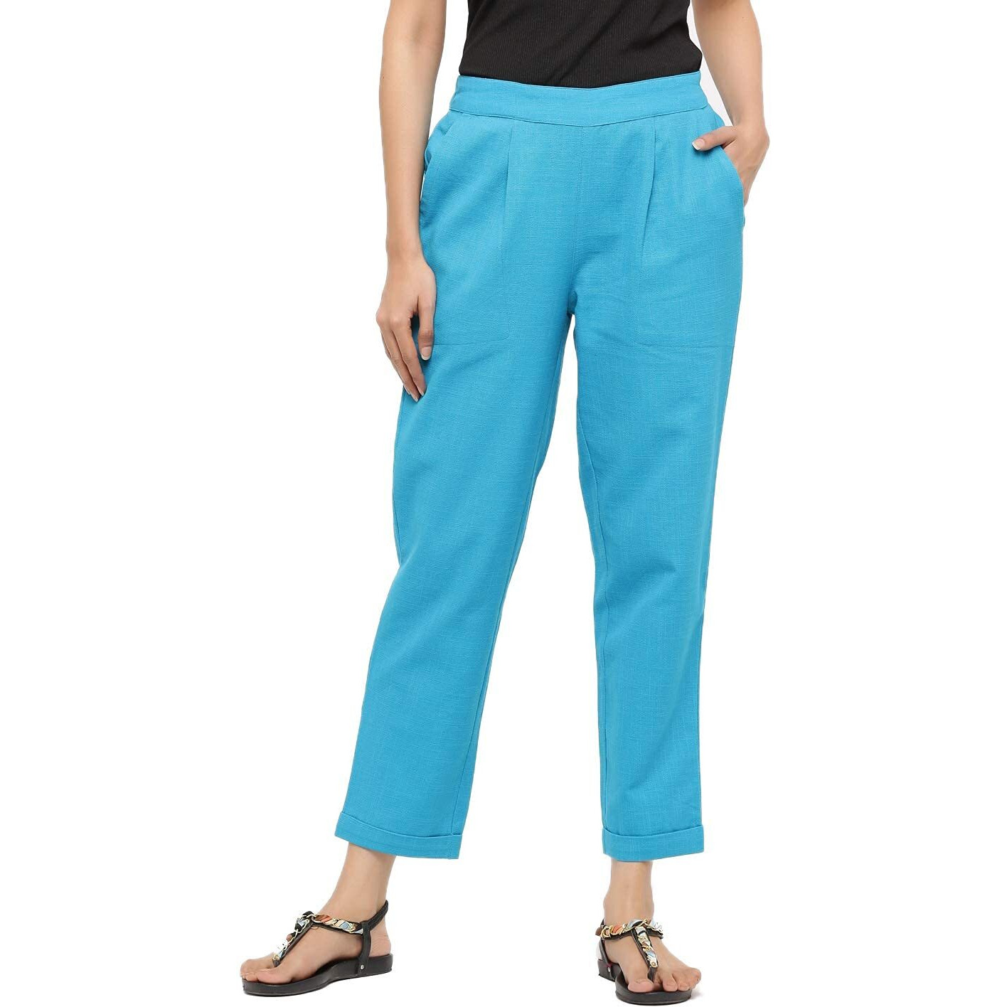 Digital Shopee Women's Regular Fit Cotton Trouser (Ds-Trs-Turquoise-L_Turquoise Blue_L)