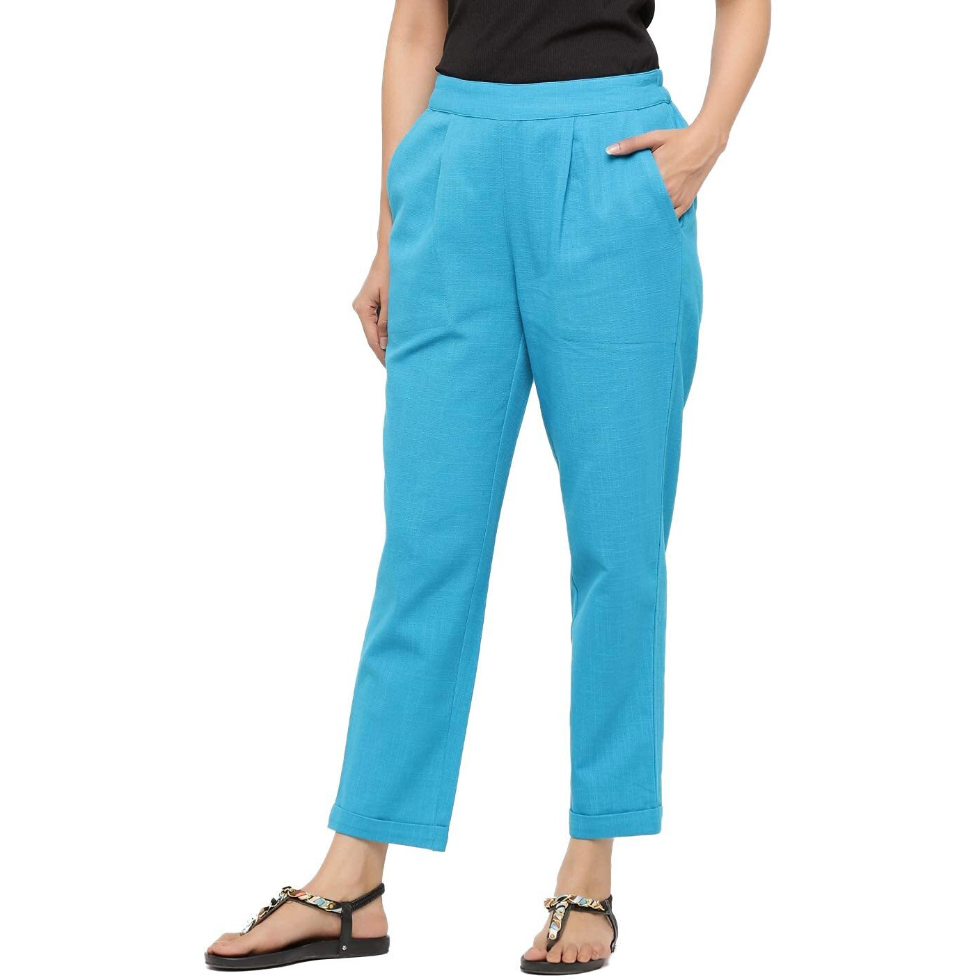 Digital Shopee Women's Regular Fit Cotton Trouser (Ds-Trs-Turquoise-L_Turquoise Blue_L)