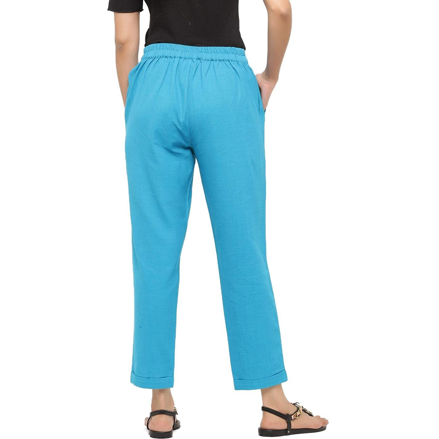 Digital Shopee Women's Regular Fit Cotton Trouser (Ds-Trs-Turquoise-L_Turquoise Blue_L)