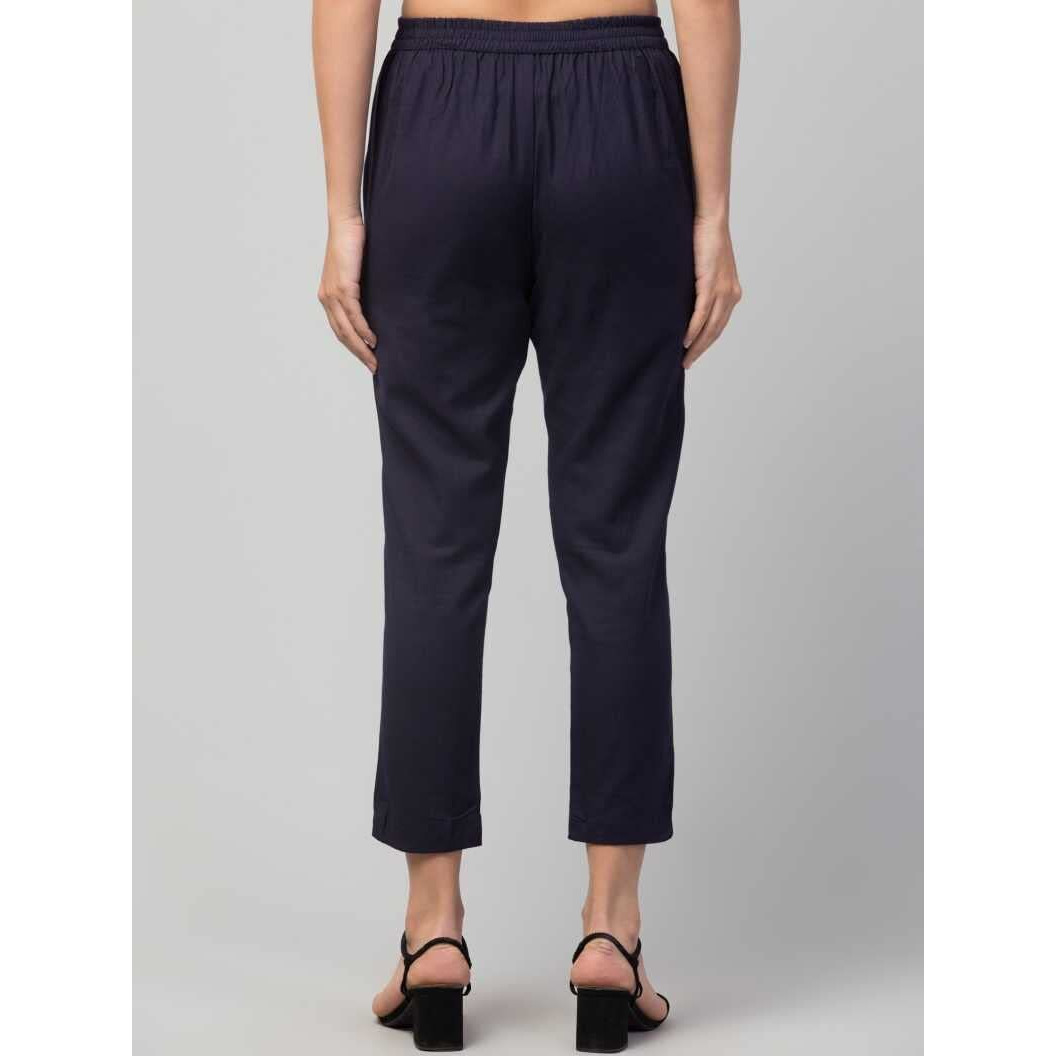 Digital Shopee Cotton Flex Ankle Length Trouser Pants For Women (Navy Blue_M)