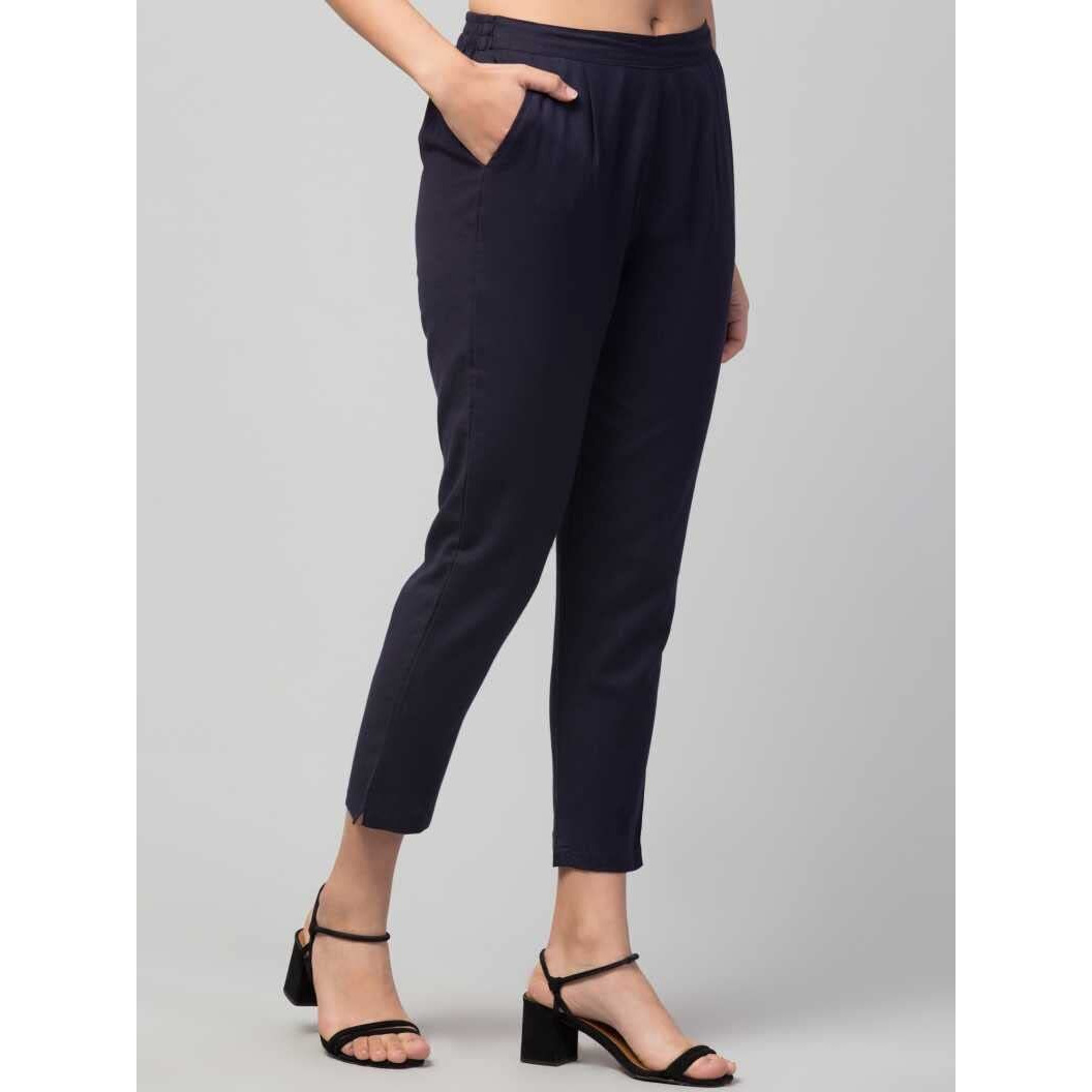 Digital Shopee Cotton Flex Ankle Length Trouser Pants For Women (Navy Blue_M)