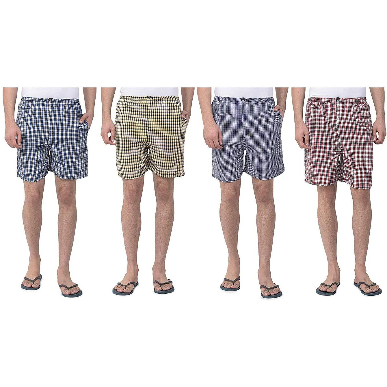 Digital Shopee 100% Cotton Checkered Knee Pant With Two Side Pockets And Elastic Waist- Pack Of 4- (Size Large, Multicolor)