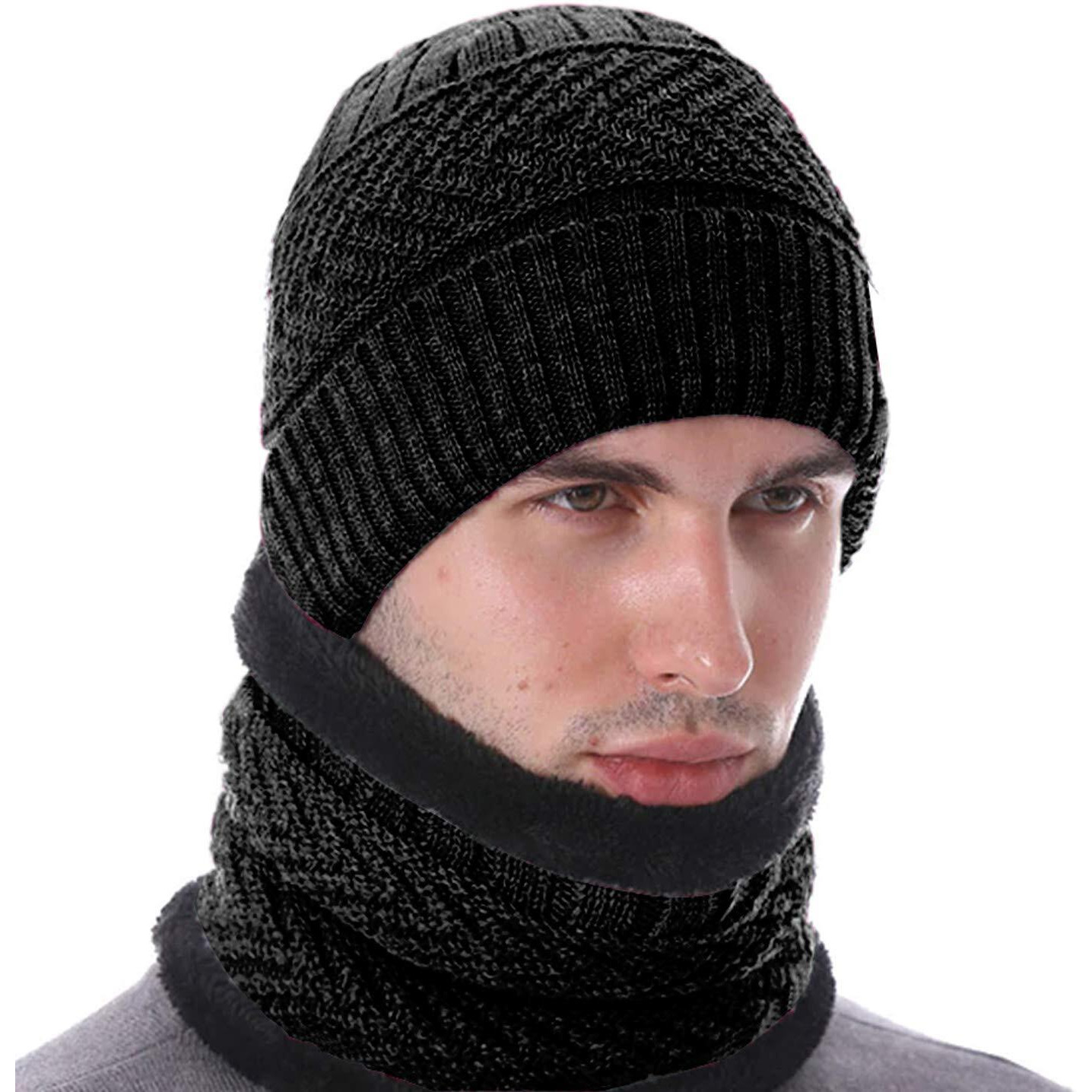 Digital Shopee Advance Quality 2 Pieces Winter Beanie Cap Neck Scarf Set Of 2 Warm Knitted Fur Lined For Men & Women (Color-Black)