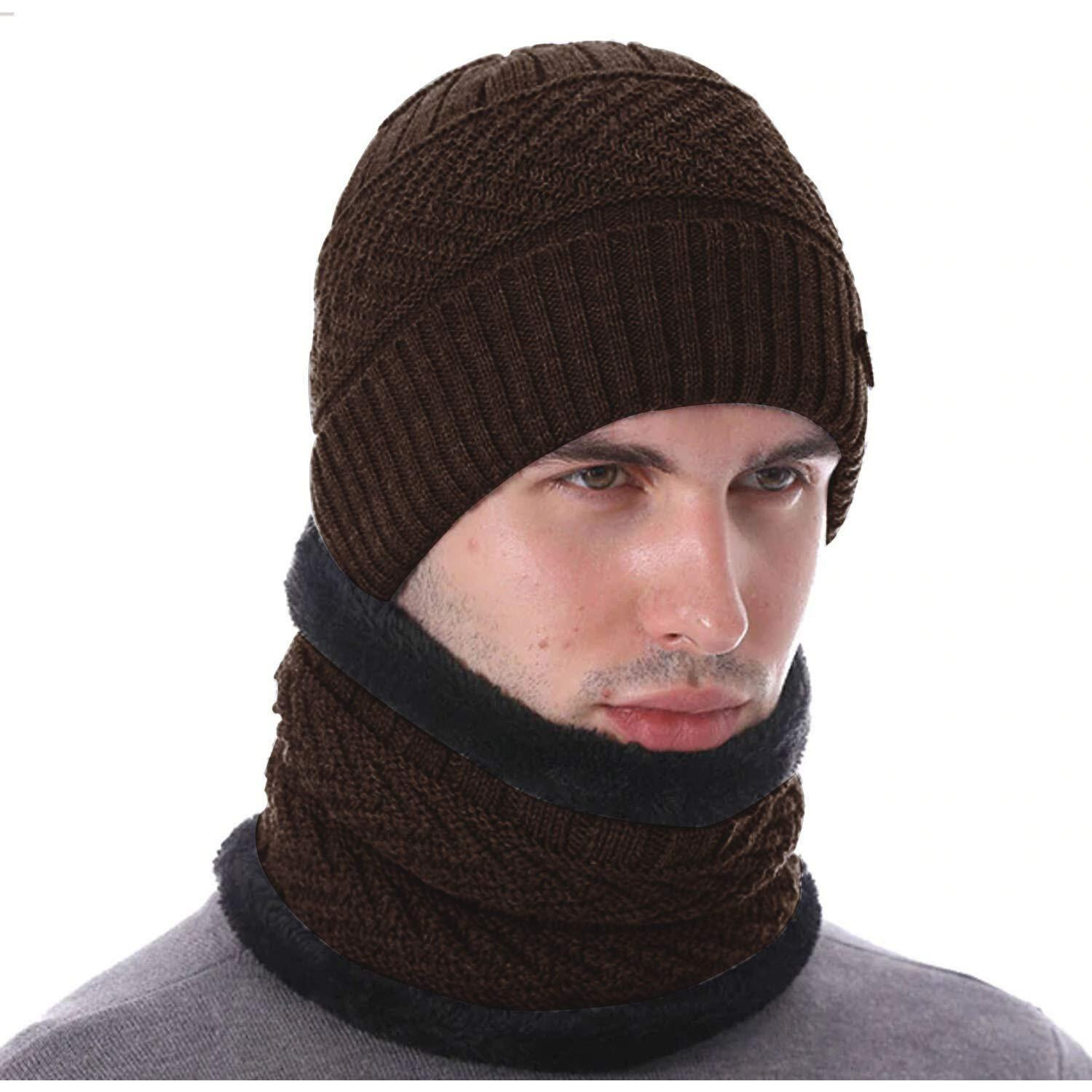 Digital Shopee Advance Quality Winter Beanie Cap With Neck Scarf Warm Knitted Fur Lined For Men & Women (Color-Brown)