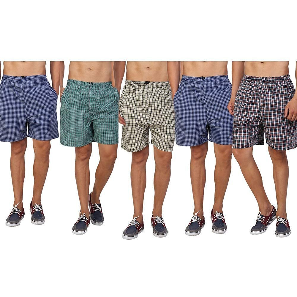 Digital Shopee Boy's Cotton Checkered Elastic Waist Double Sided Pocket Medium Size Boxer With One Adjustable N95 Mask- Pack Of 5 Boxer And 1 N95 Mask, Multicolor