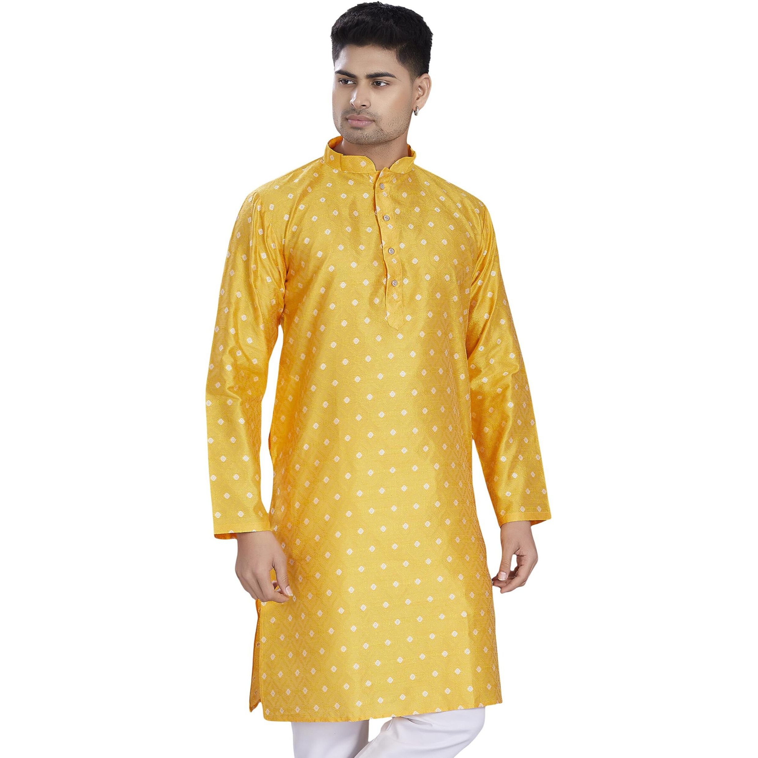 Divisive Men's Self Woven Jequard Art Silk Slim Fit Only Kurta (Dkrt1301_Xxl_Yellow)