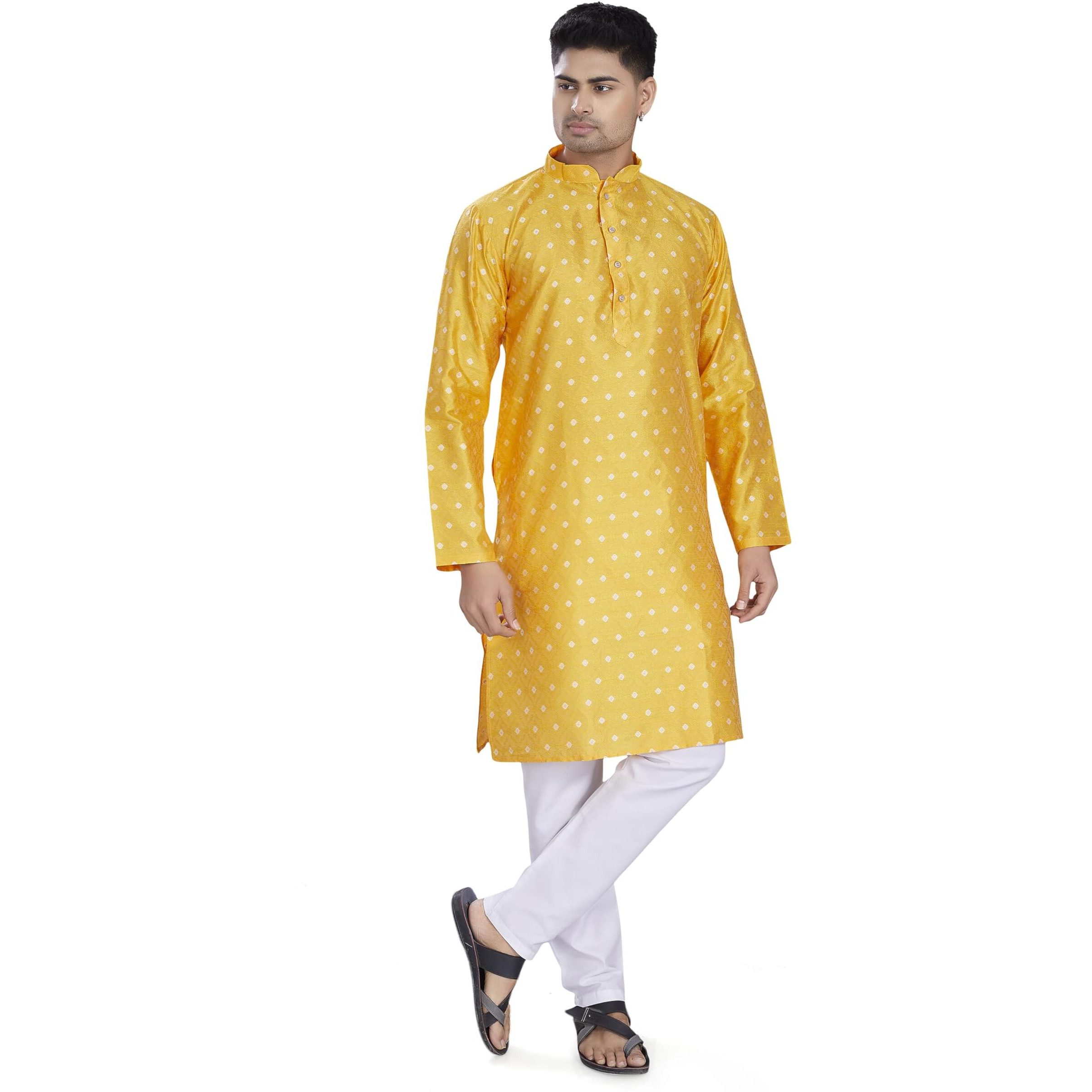 Divisive Men's Self Woven Jequard Art Silk Slim Fit Only Kurta (Dkrt1301_Xxl_Yellow)