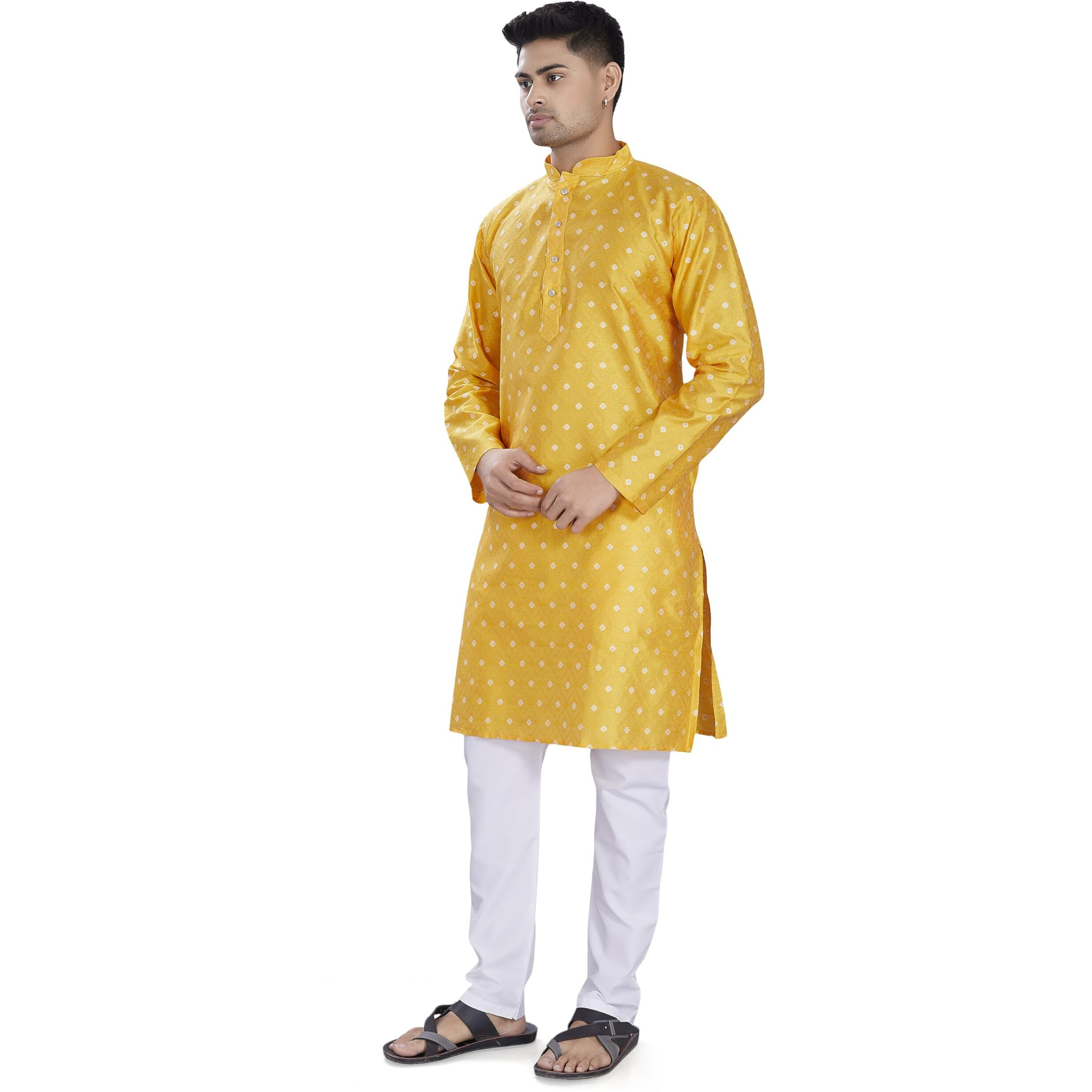 Divisive Men's Self Woven Jequard Art Silk Slim Fit Only Kurta (Dkrt1301_Xxl_Yellow)