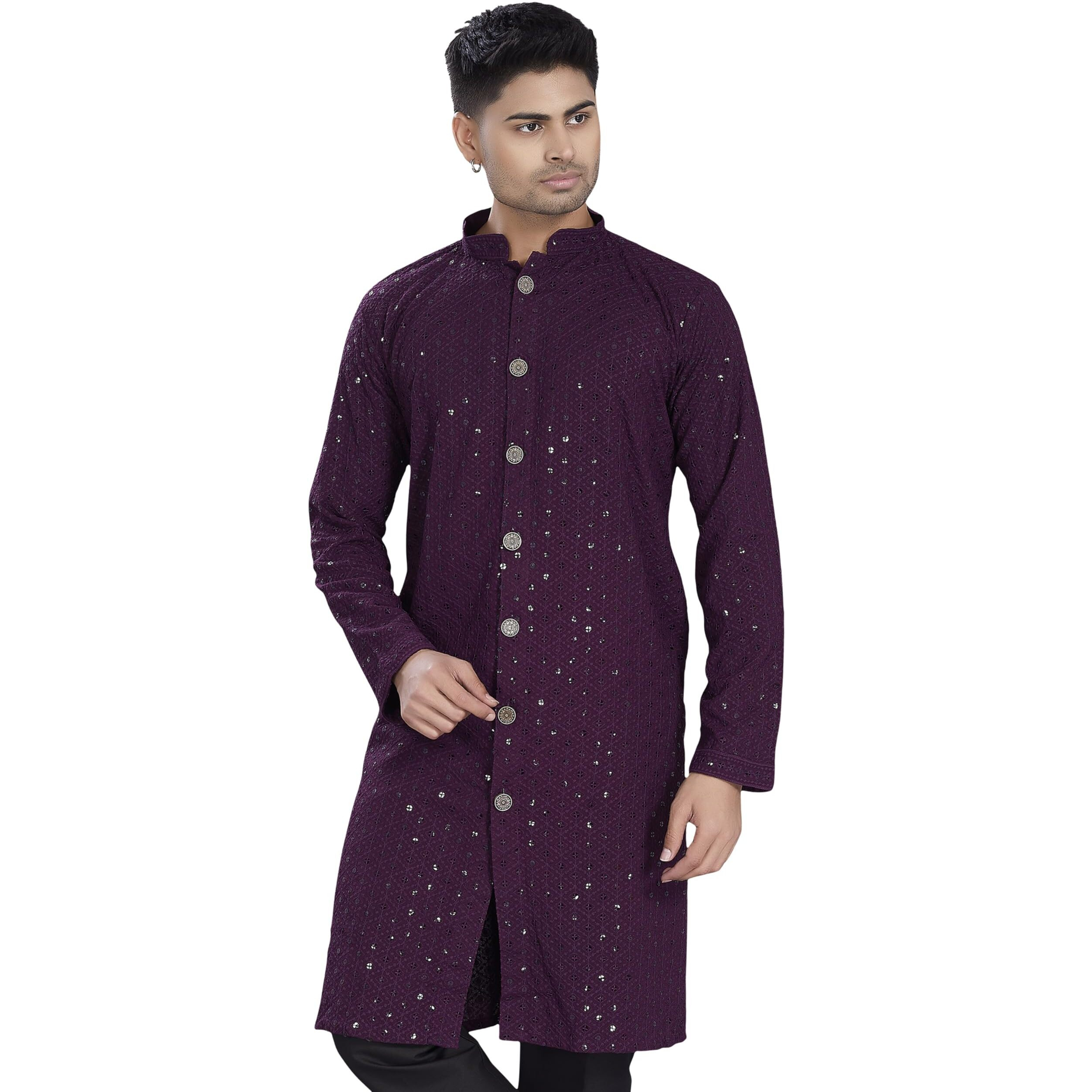 Divisive Men's Sequince Embroidered Cotton Blend Semi Indo Western Only Kurta (Dkrt1354_Xxl_Burgundy)