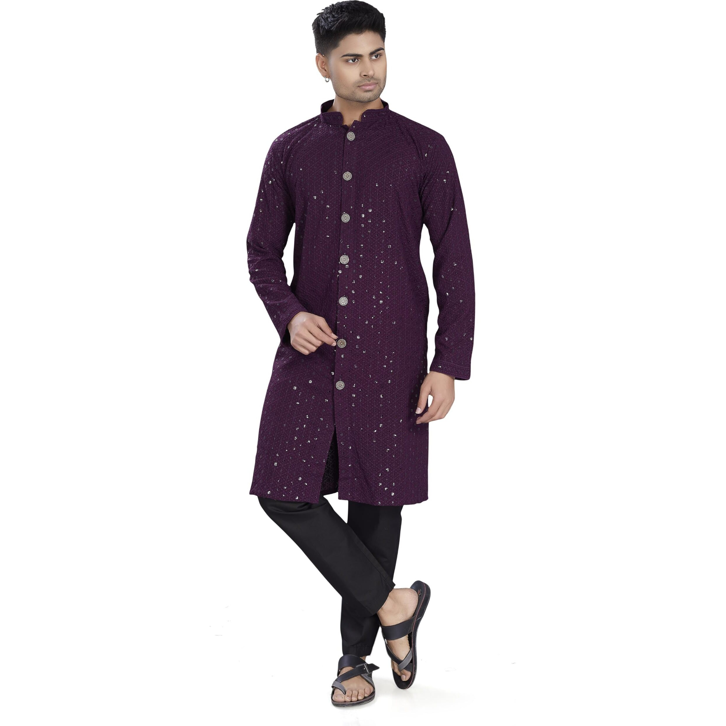 Divisive Men's Sequince Embroidered Cotton Blend Semi Indo Western Only Kurta (Dkrt1354_Xxl_Burgundy)