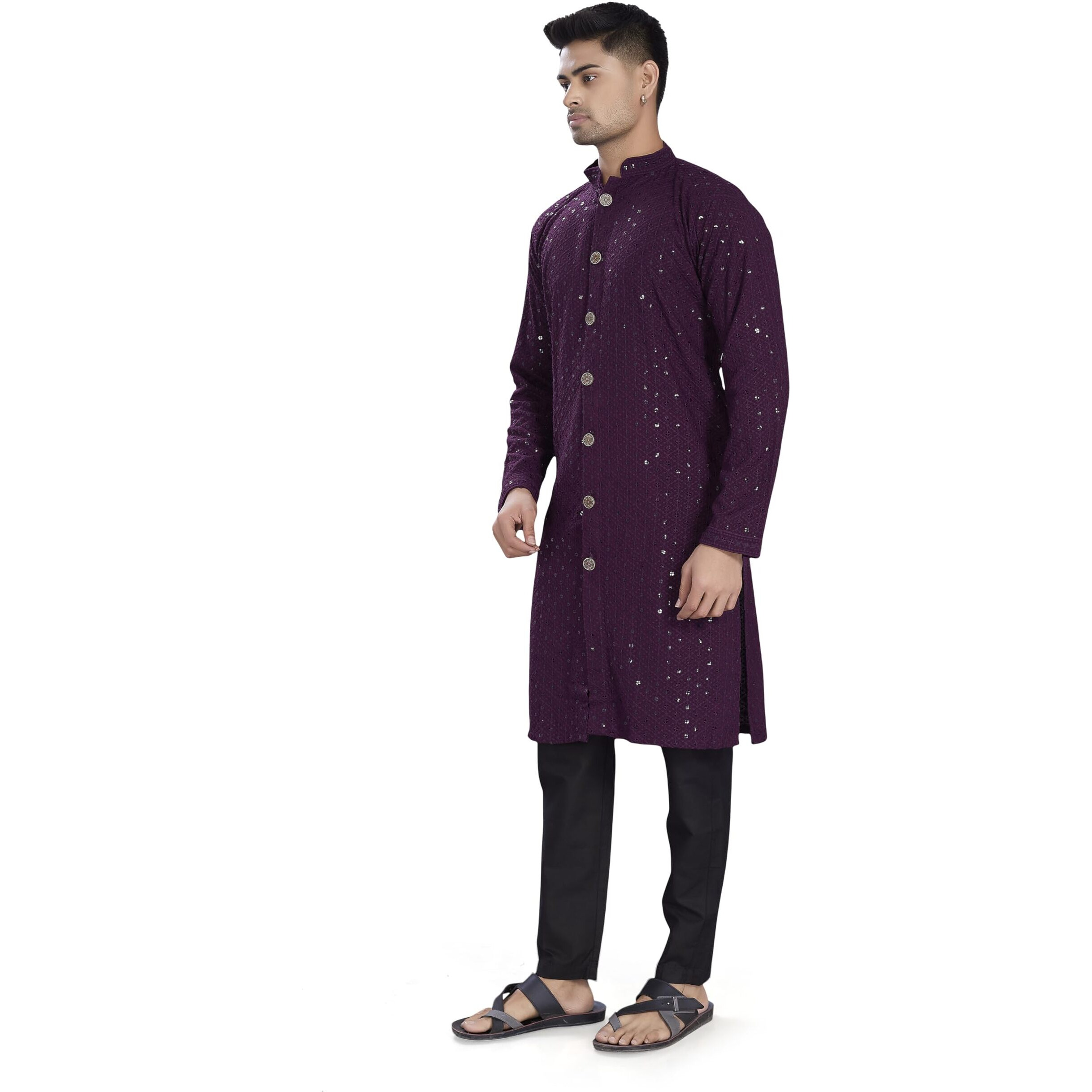Divisive Men's Sequince Embroidered Cotton Blend Semi Indo Western Only Kurta (Dkrt1354_Xxl_Burgundy)