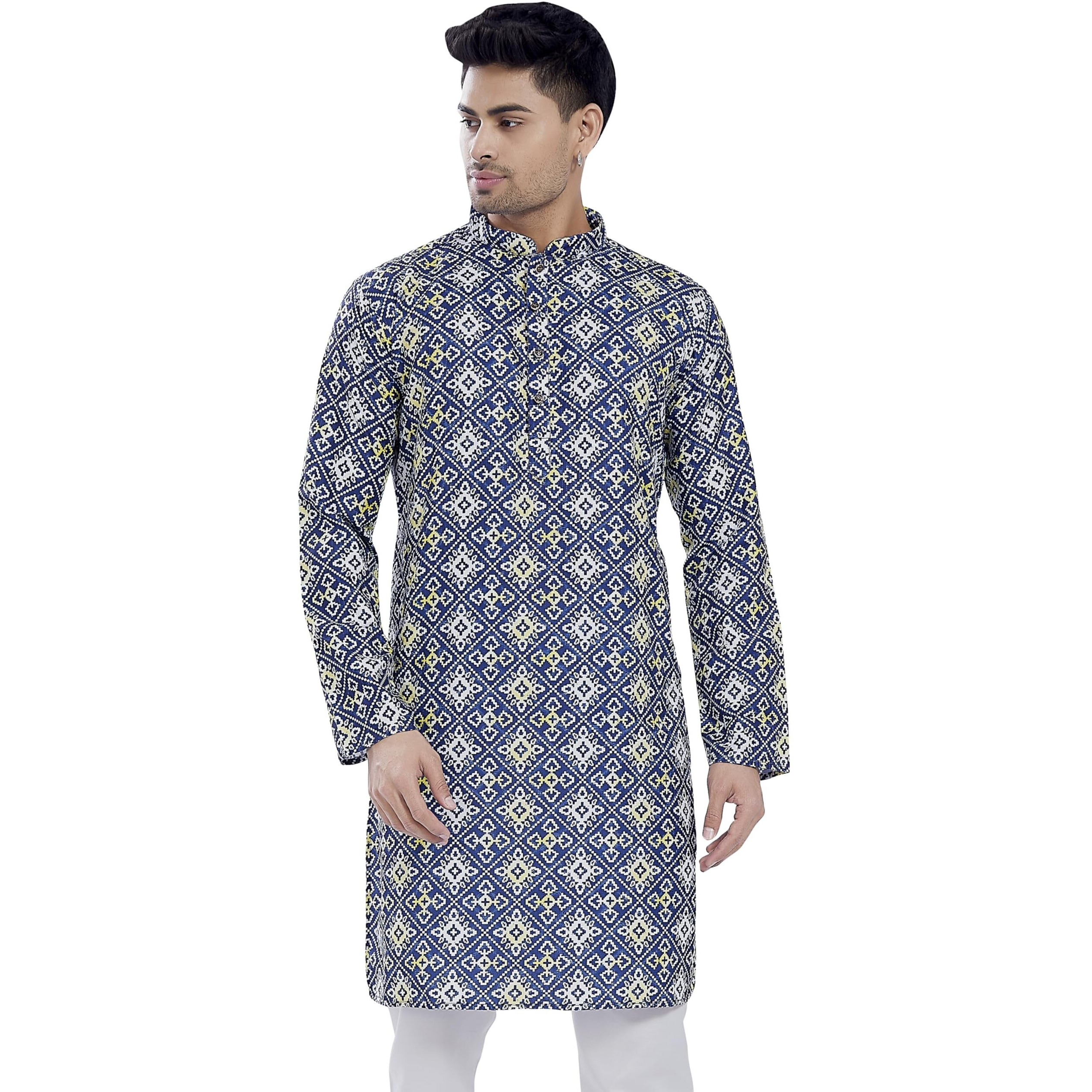 Divisive Men's Sequince Embroidered Printed Cotton Blend Only Slim Fit Kurta (Dkrt688_S_Dark Blue)