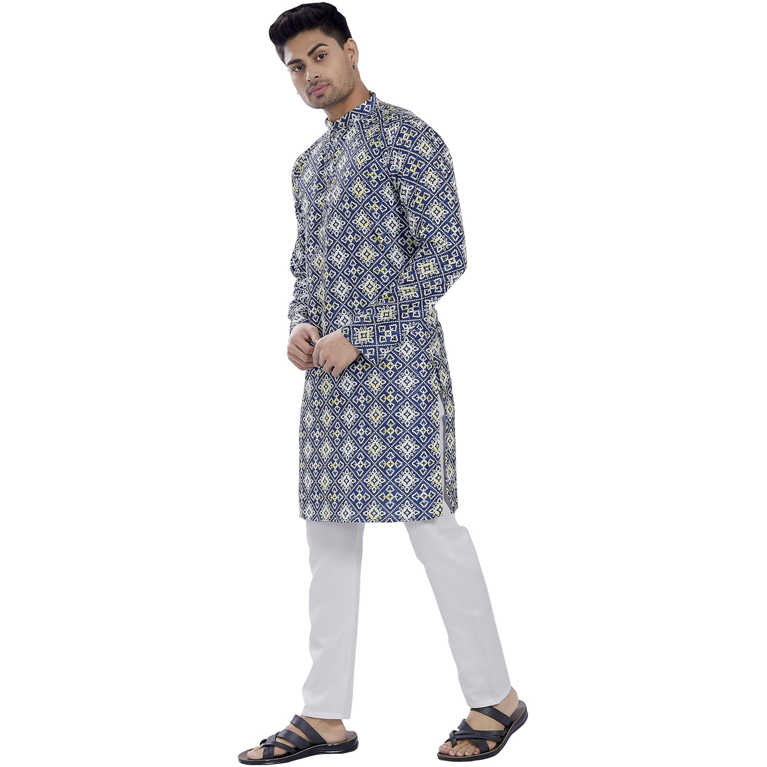 Divisive Men's Sequince Embroidered Printed Cotton Blend Only Slim Fit Kurta (Dkrt688_S_Dark Blue)