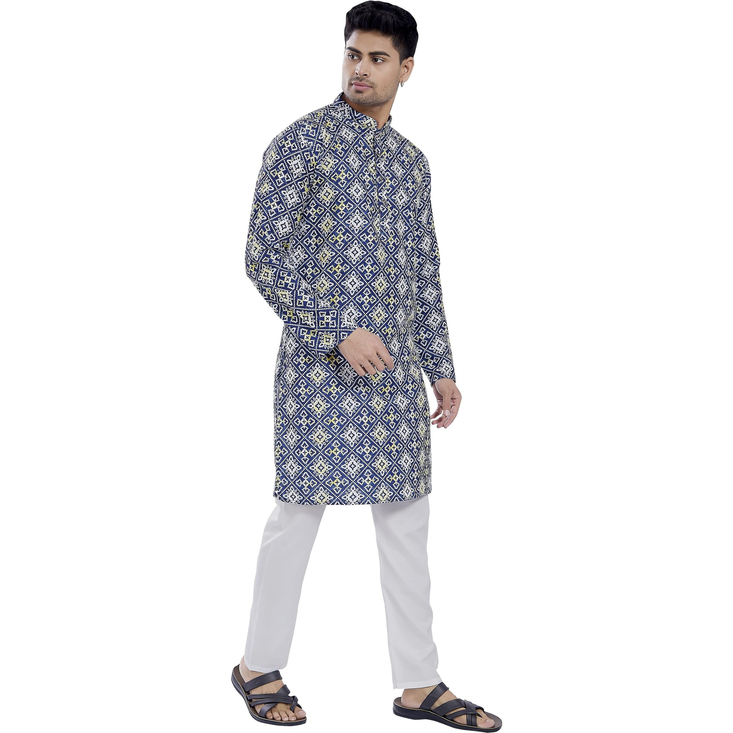 Divisive Men's Sequince Embroidered Printed Cotton Blend Only Slim Fit Kurta (Dkrt688_S_Dark Blue)